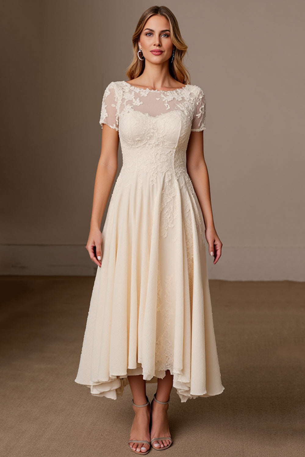 Apricot A Line Short Sleeve Tea Length Mother of the Bride Dress with Appliques