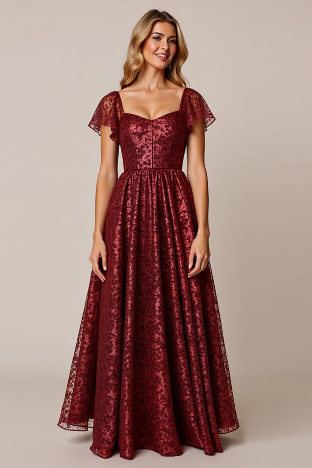 Cabernet A Line Applique Wedding Guest Dress with Short Sleeves