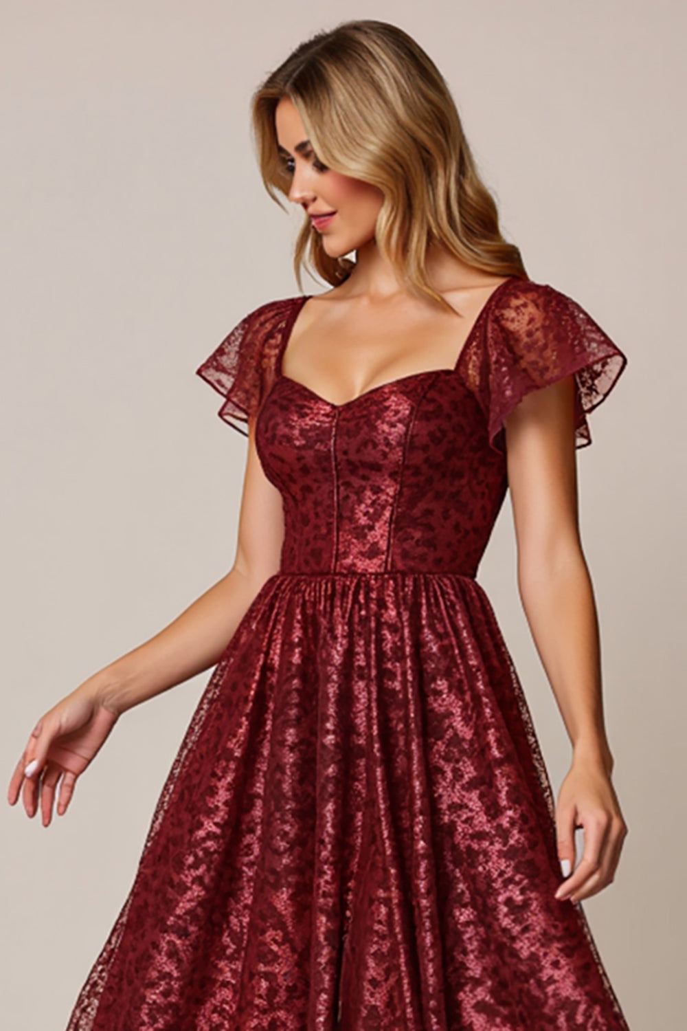 Cabernet A Line Applique Wedding Guest Dress with Short Sleeves