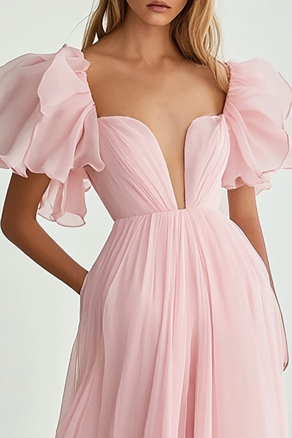Pink A Line Sweetheart Ruffled Long Formal Dress with Sleeves