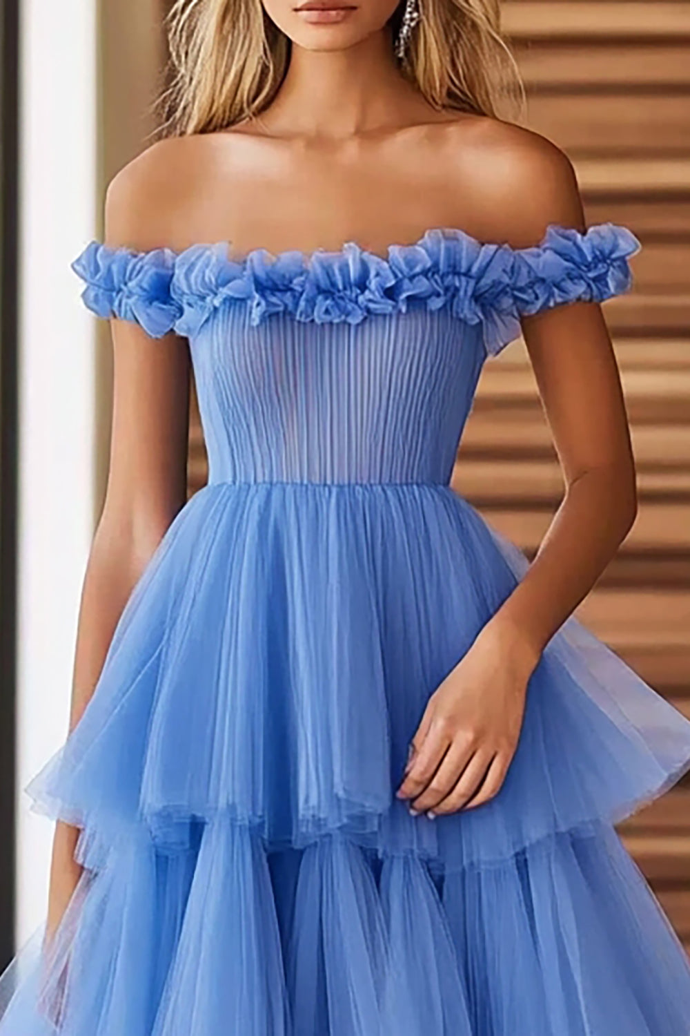 Off The Shoulder Blue Tiered Prom Dress With Ruffles