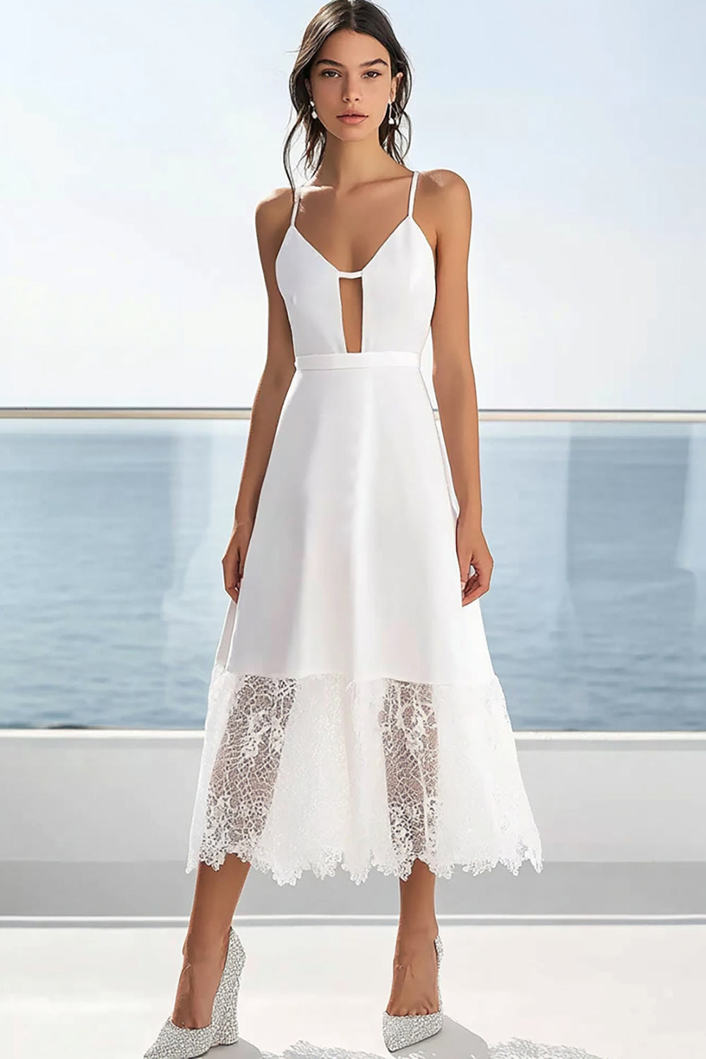 White Spaghetti Straps A Line Graduation Dress with Lace