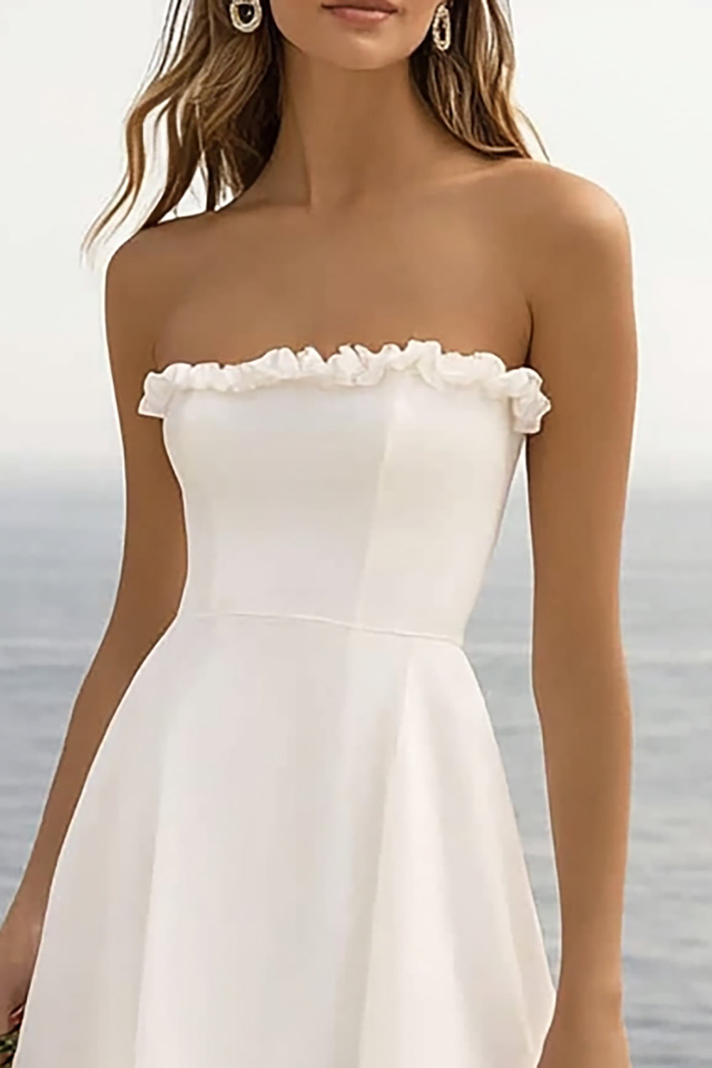 Strapless Ruffled White Asymmetrical Wedding Dress
