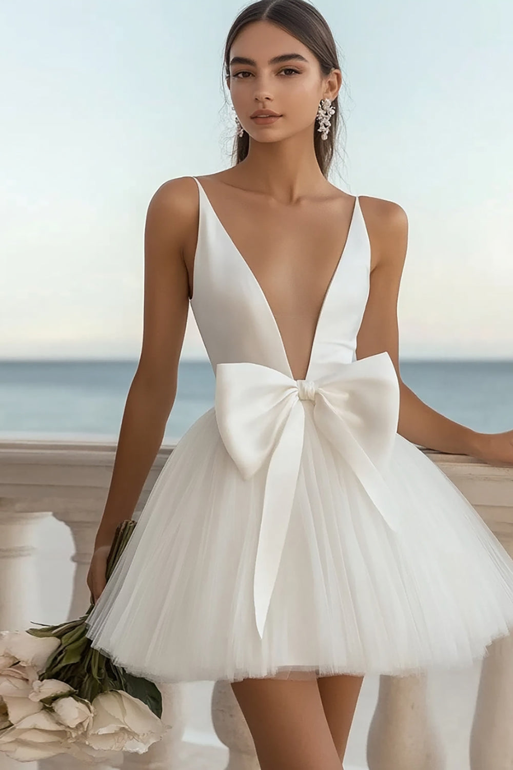 White V Neck A Line Tulle Graduation Dress with Bow