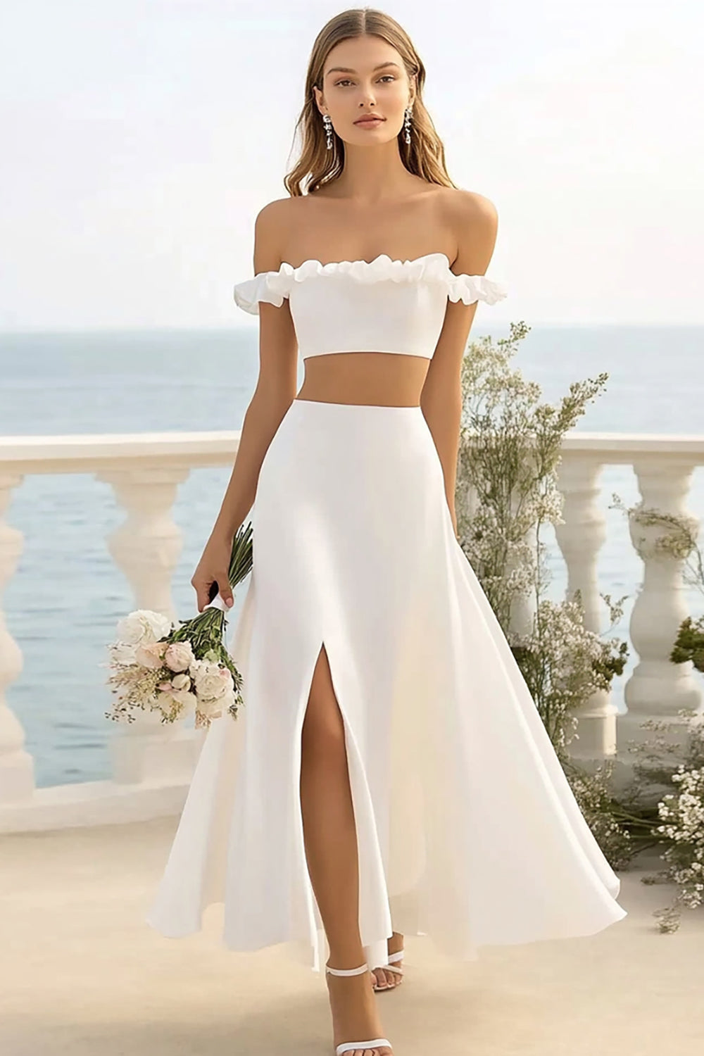 Off The Shoulder White 2 Piece Ruffled Wedding Dress with Slit
