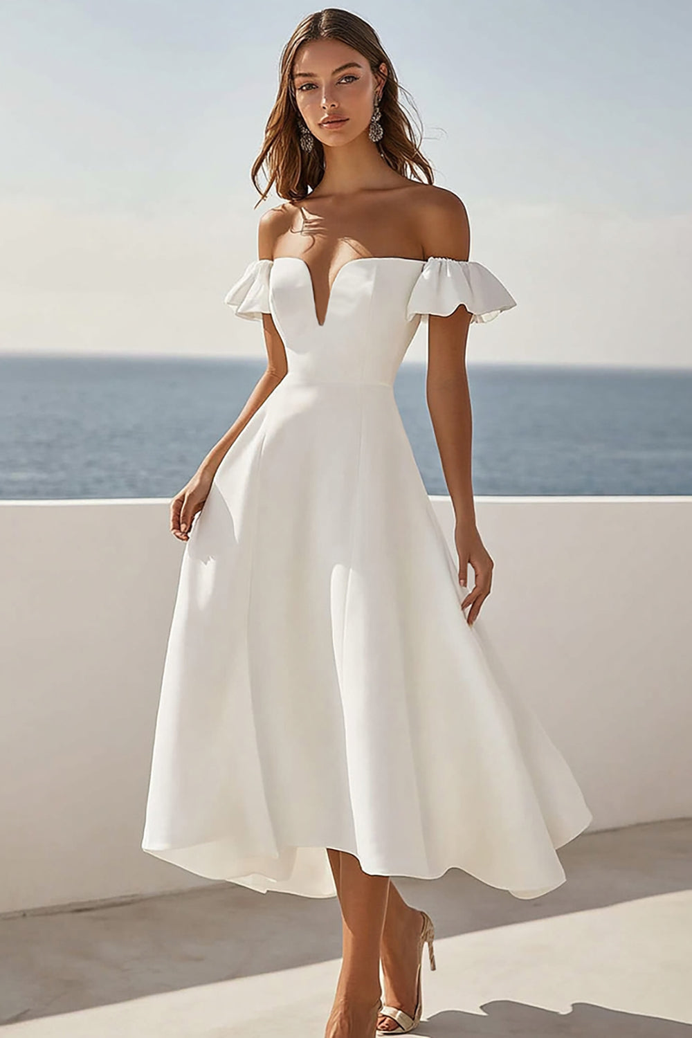White A Line Off The Shoulder Wedding Dress with Ruffles