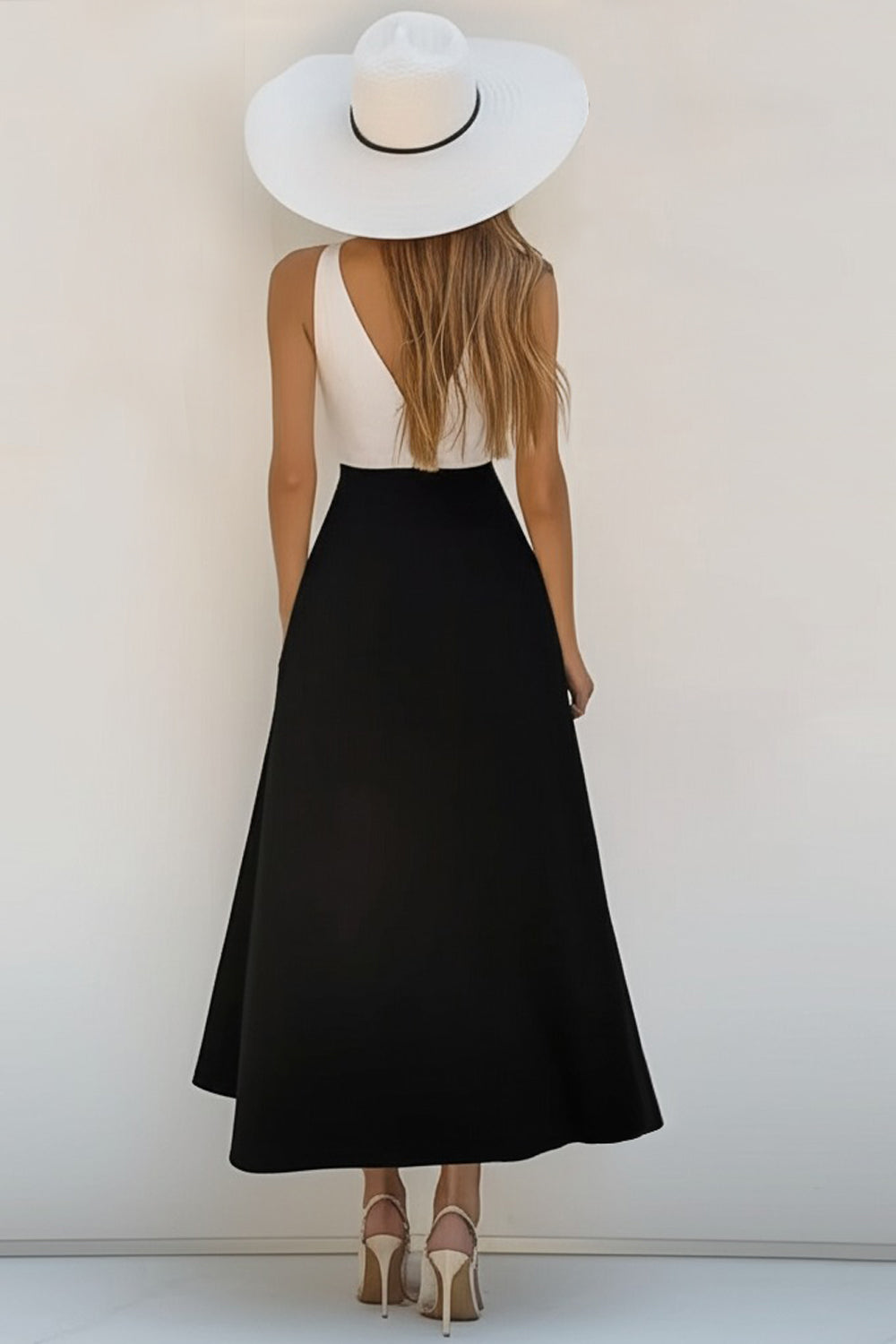 A Line White And Black V Neck Satin Formal Dress
