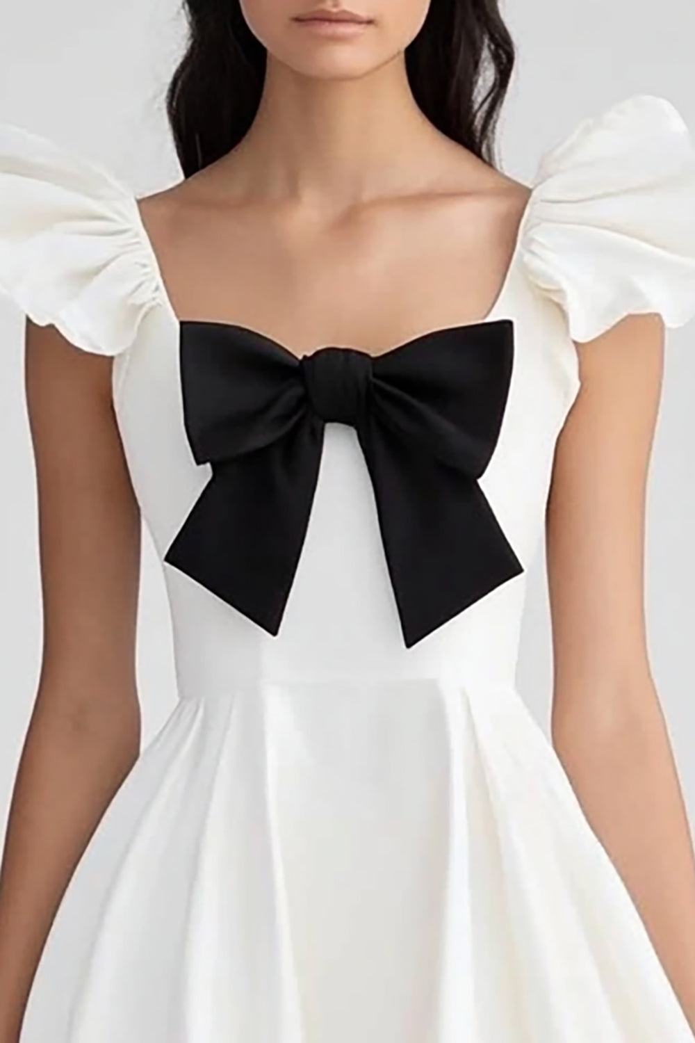 White and Black Satin Ruffled Graduation Dress with Bow