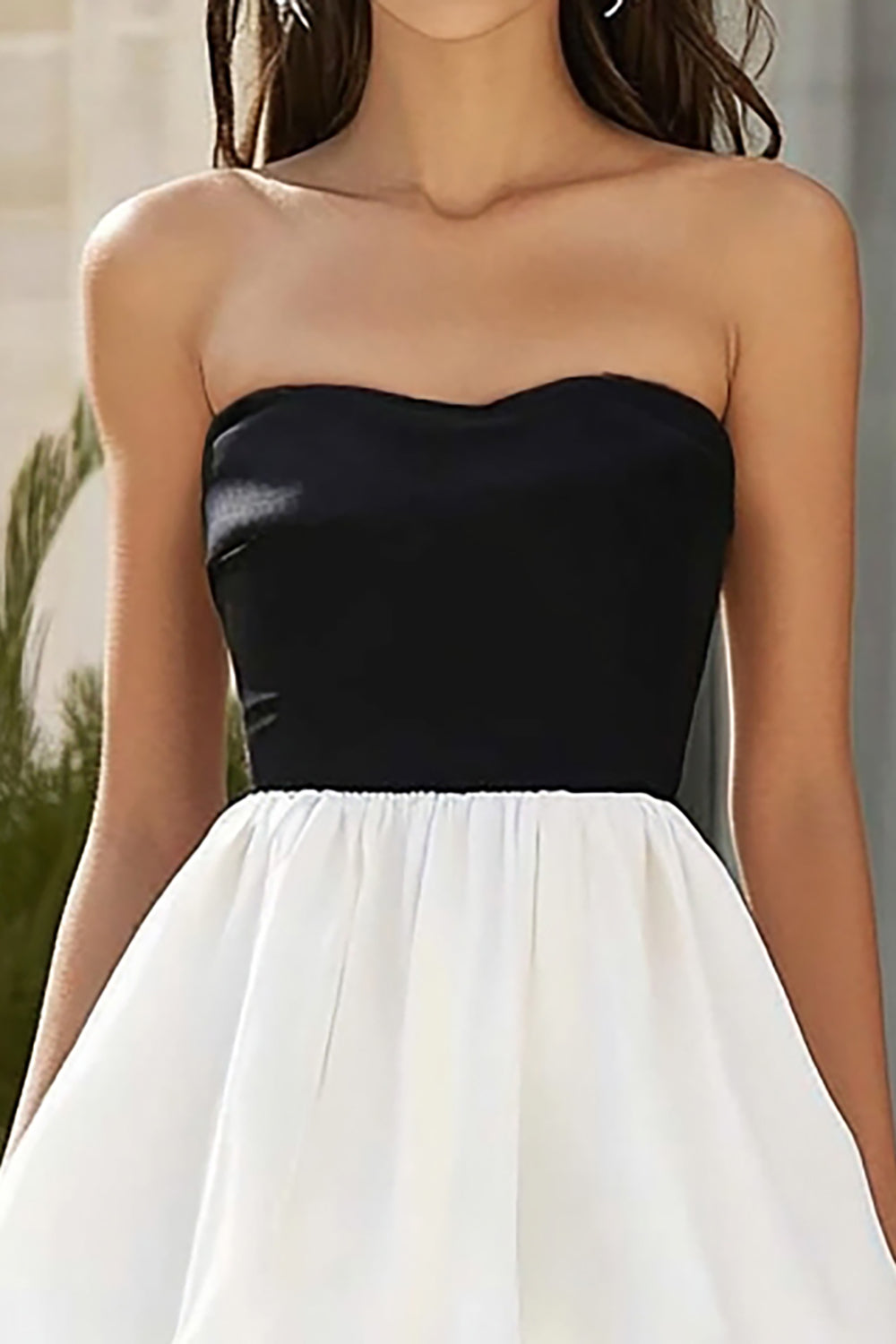 Black and White Strapless Tiered Satin Long Formal Dress