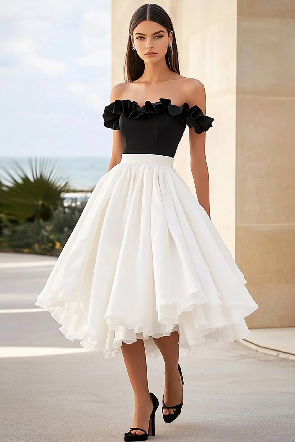 White and Black Ruffled Off the Shoulder Long Graduation Dress