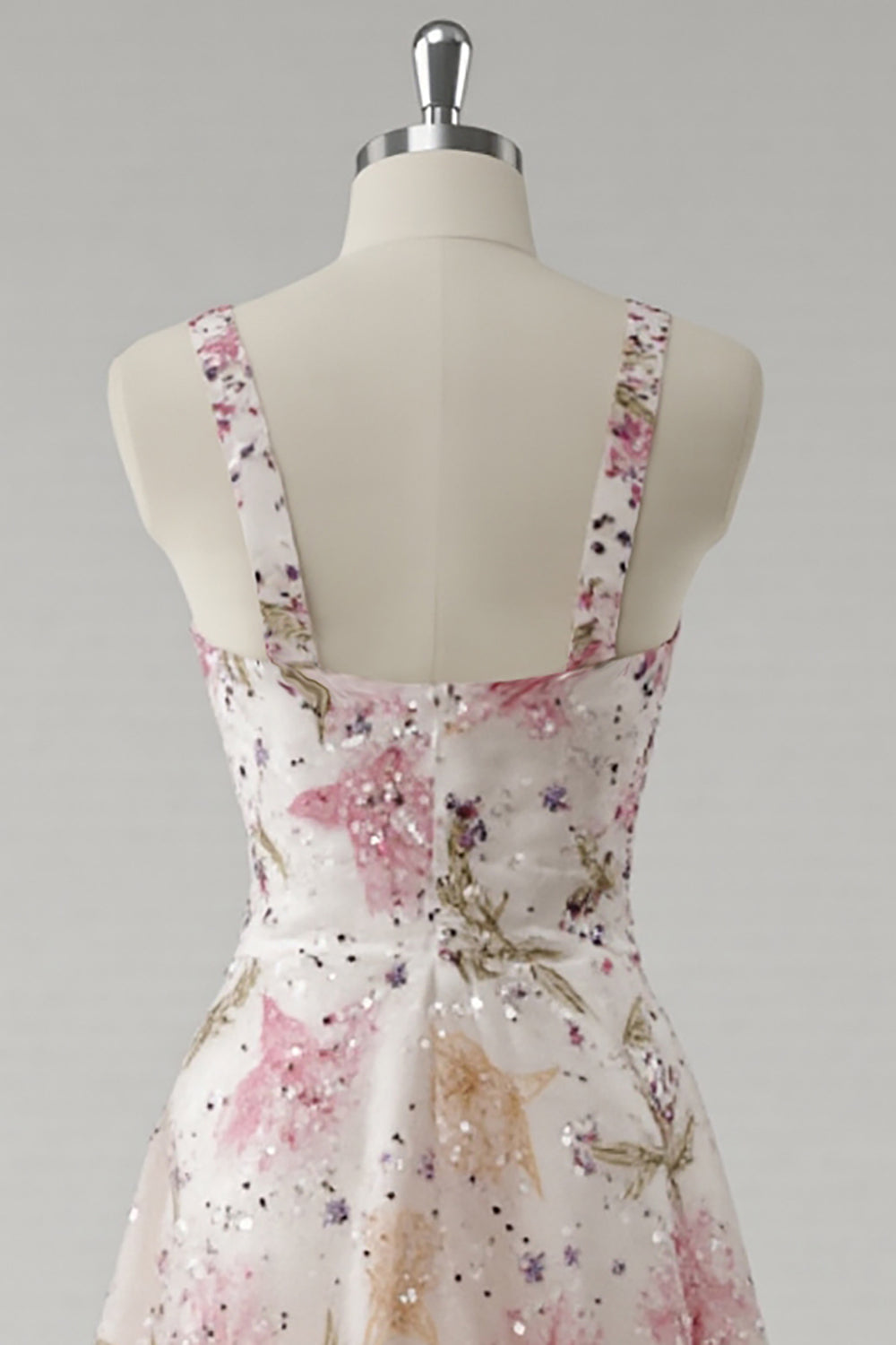 Sparkly Pink A Line Floral V Neck Long Prom Dress