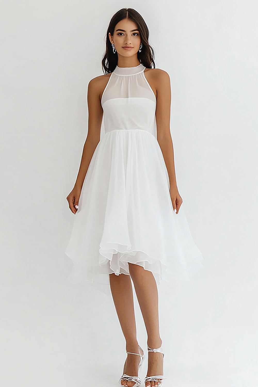 White High Neck Chiffon A Line Midi Graduation Dress