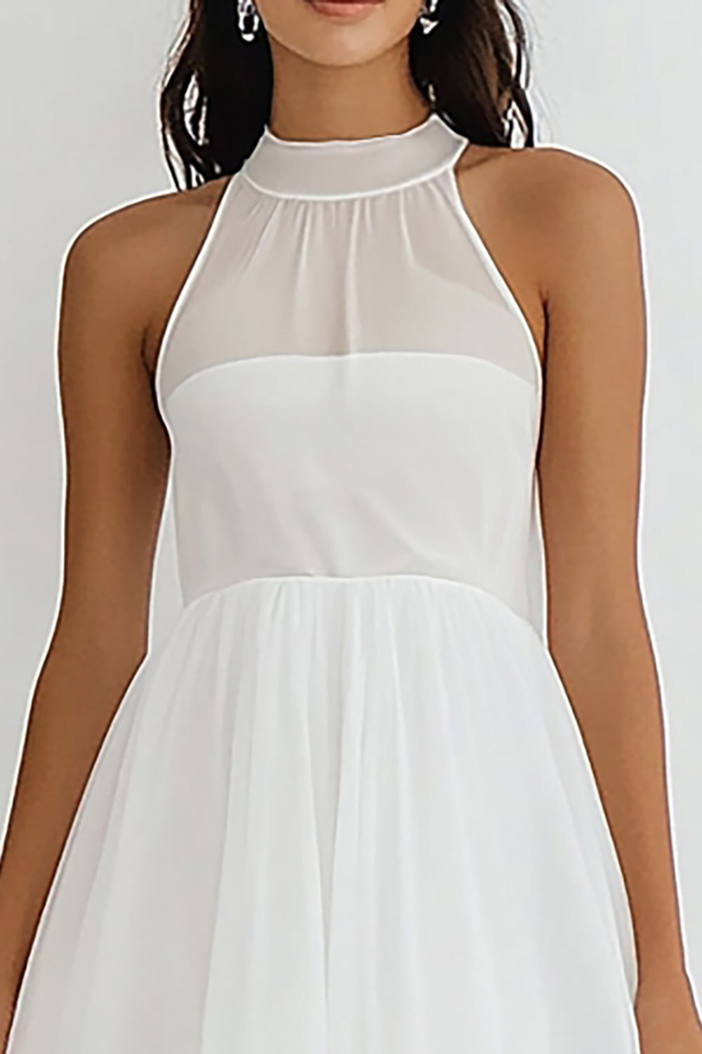 White High Neck Chiffon A Line Midi Graduation Dress