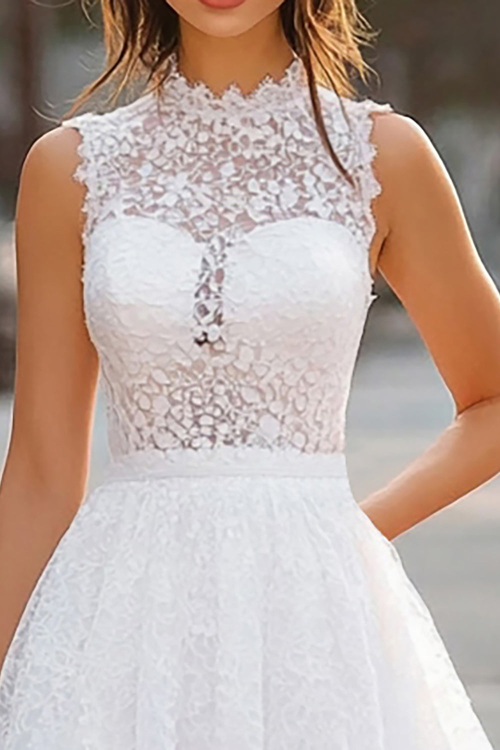 White Lace A Line High Neck Short Graduation Dress