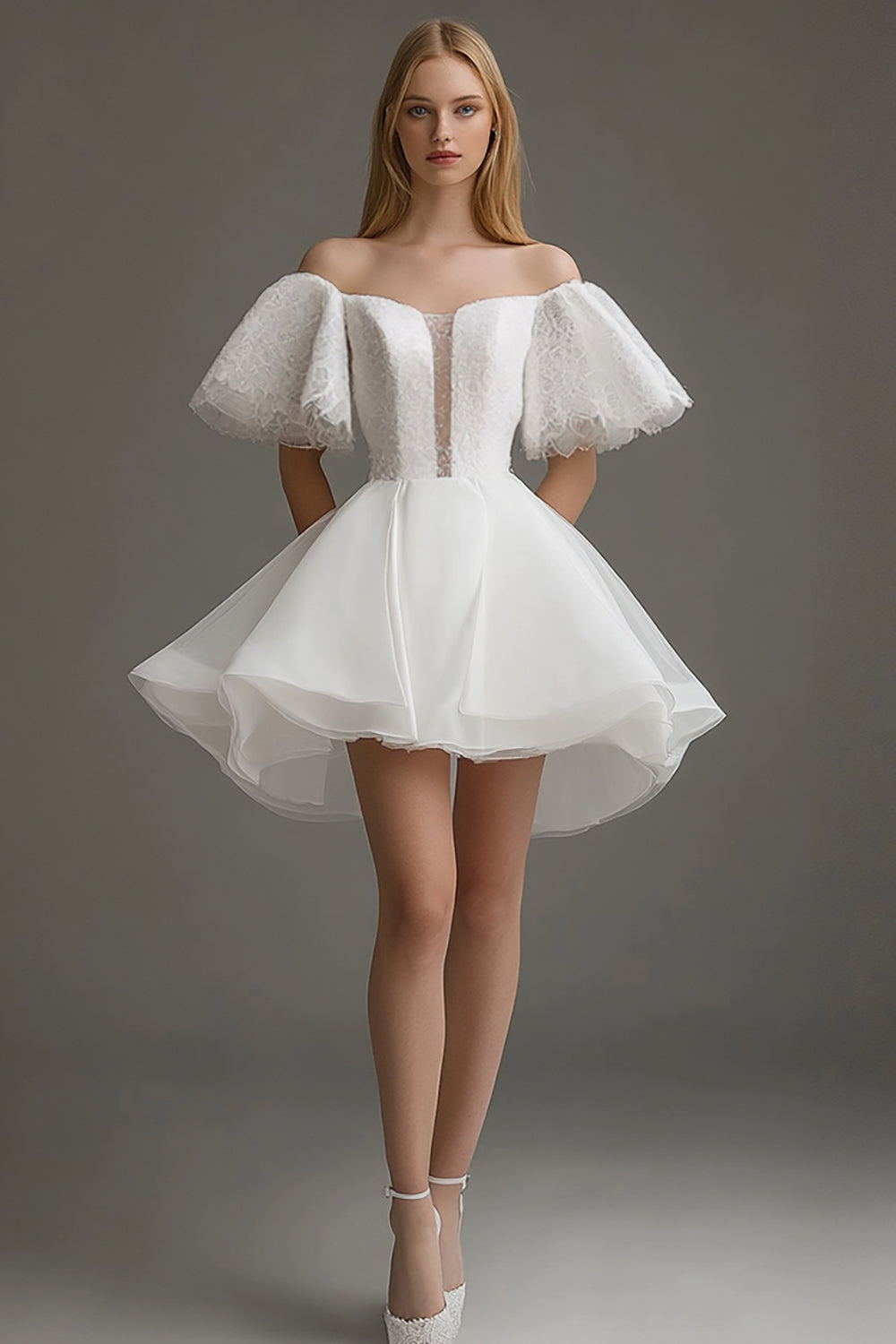 White Organza Off the Shoulder Graduation Dress with Lace