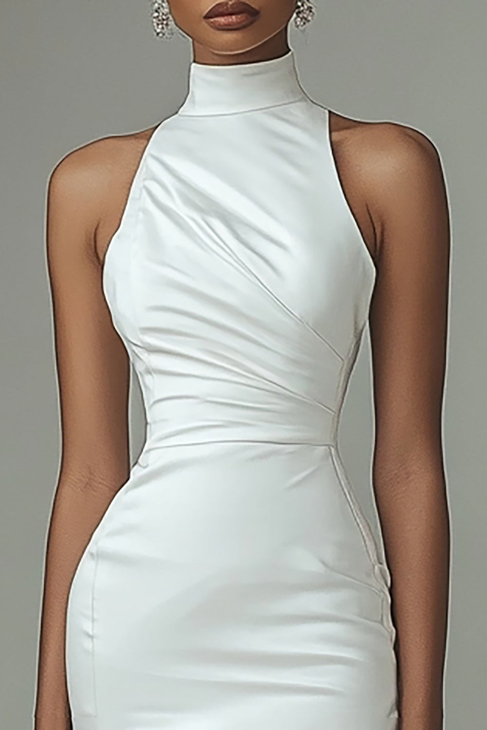 White Satin High Neck Asymmetrical Graduation Dress