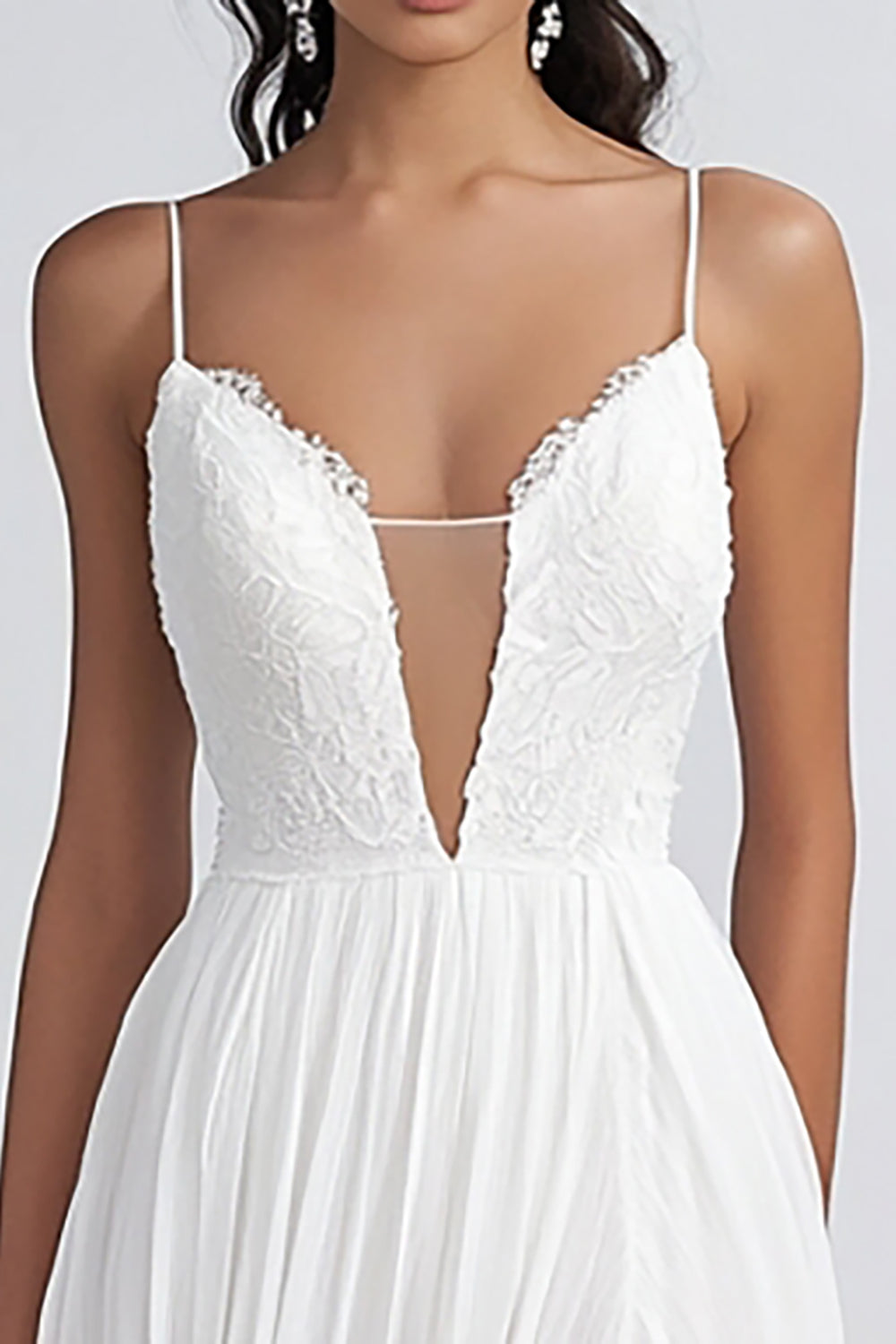 White A Line Spaghetti Straps Chiffon Wedding Dress With Slit