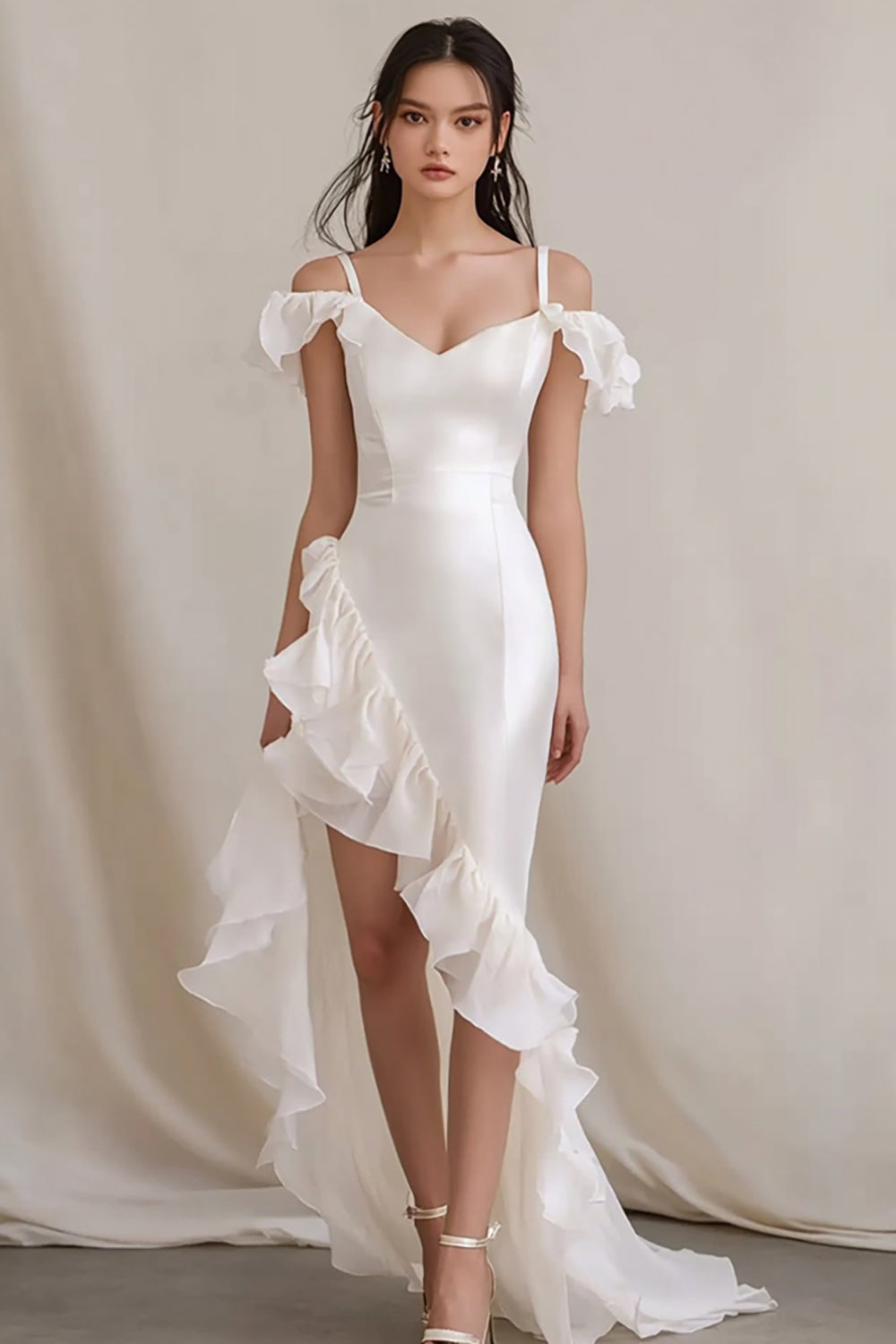 Cold Shoulder Ruffled Asymmetrical Engagement Dress