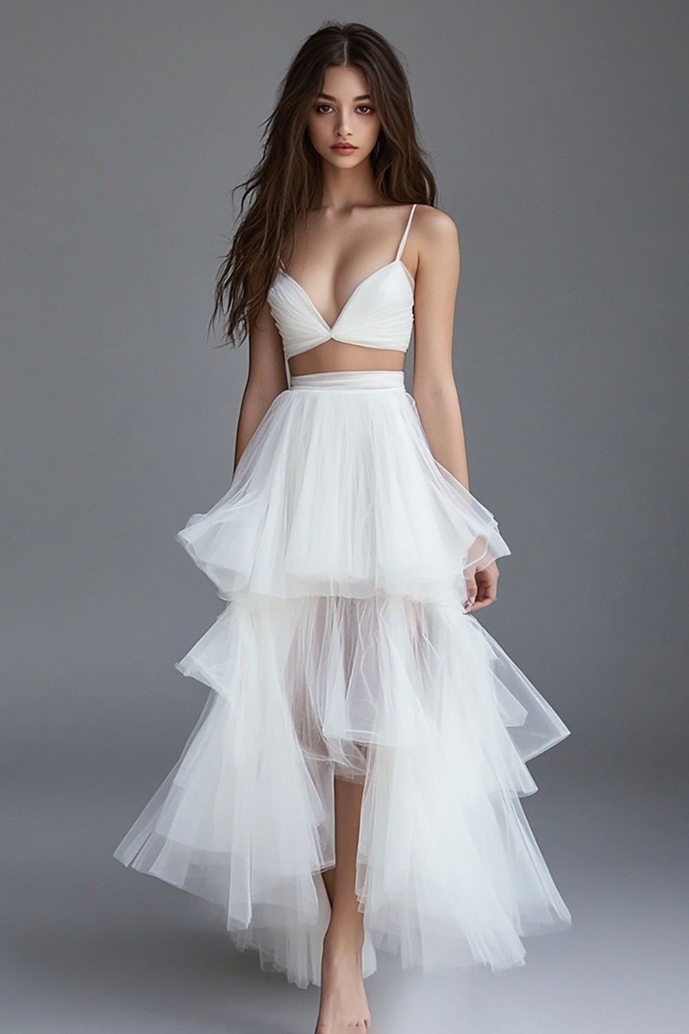 A Line Tiered Two Piece Long Graduation Dress