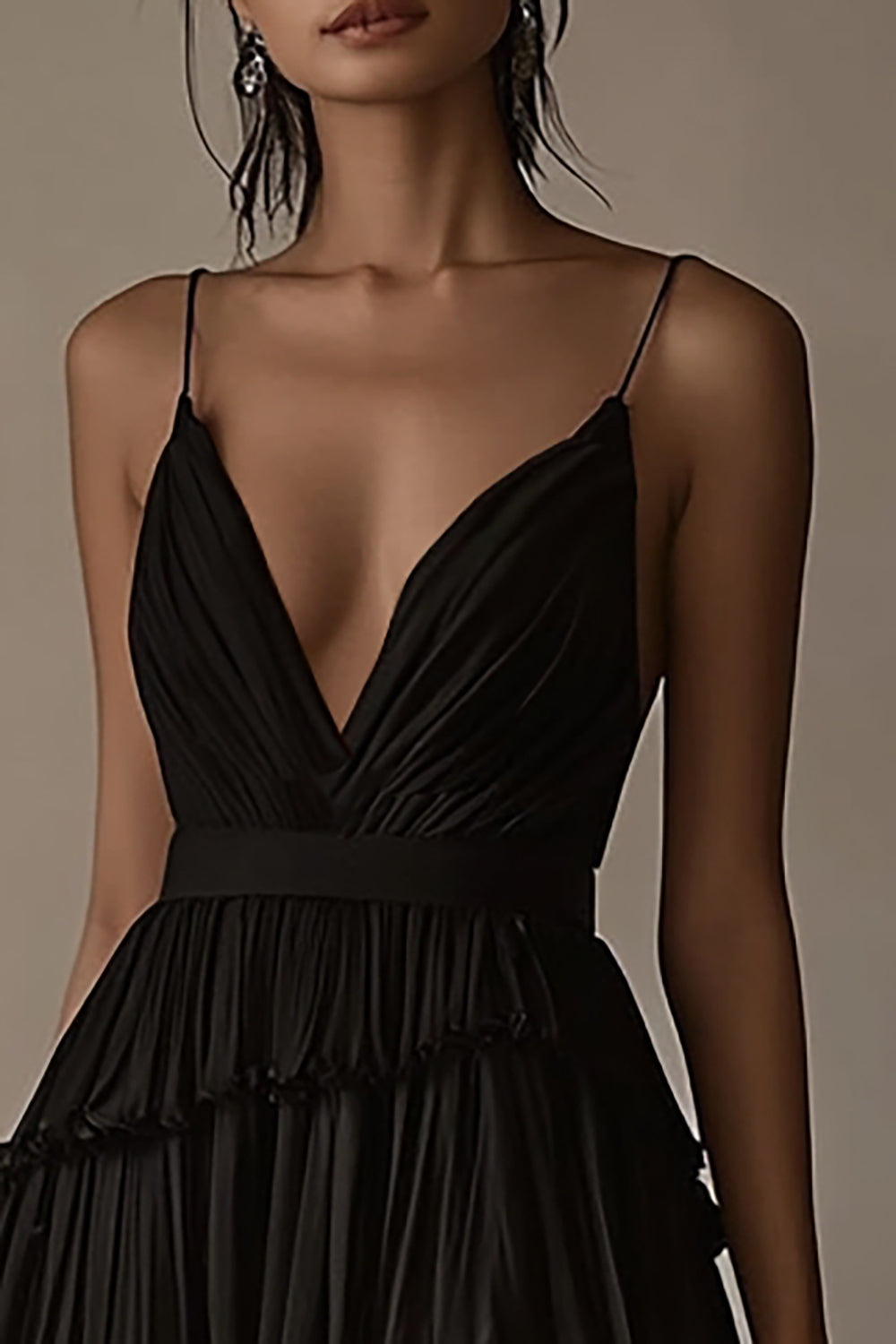 A Line V Neck Black Tie Dress with Ruffles
