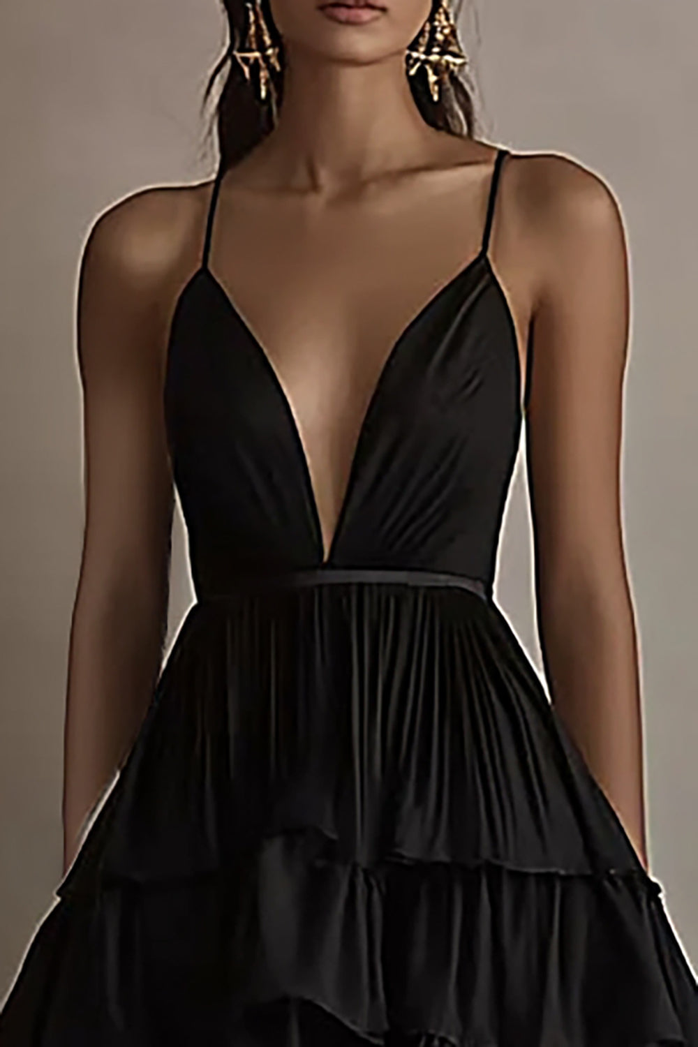 A Line V Neck Ruffled Black Tie Dress