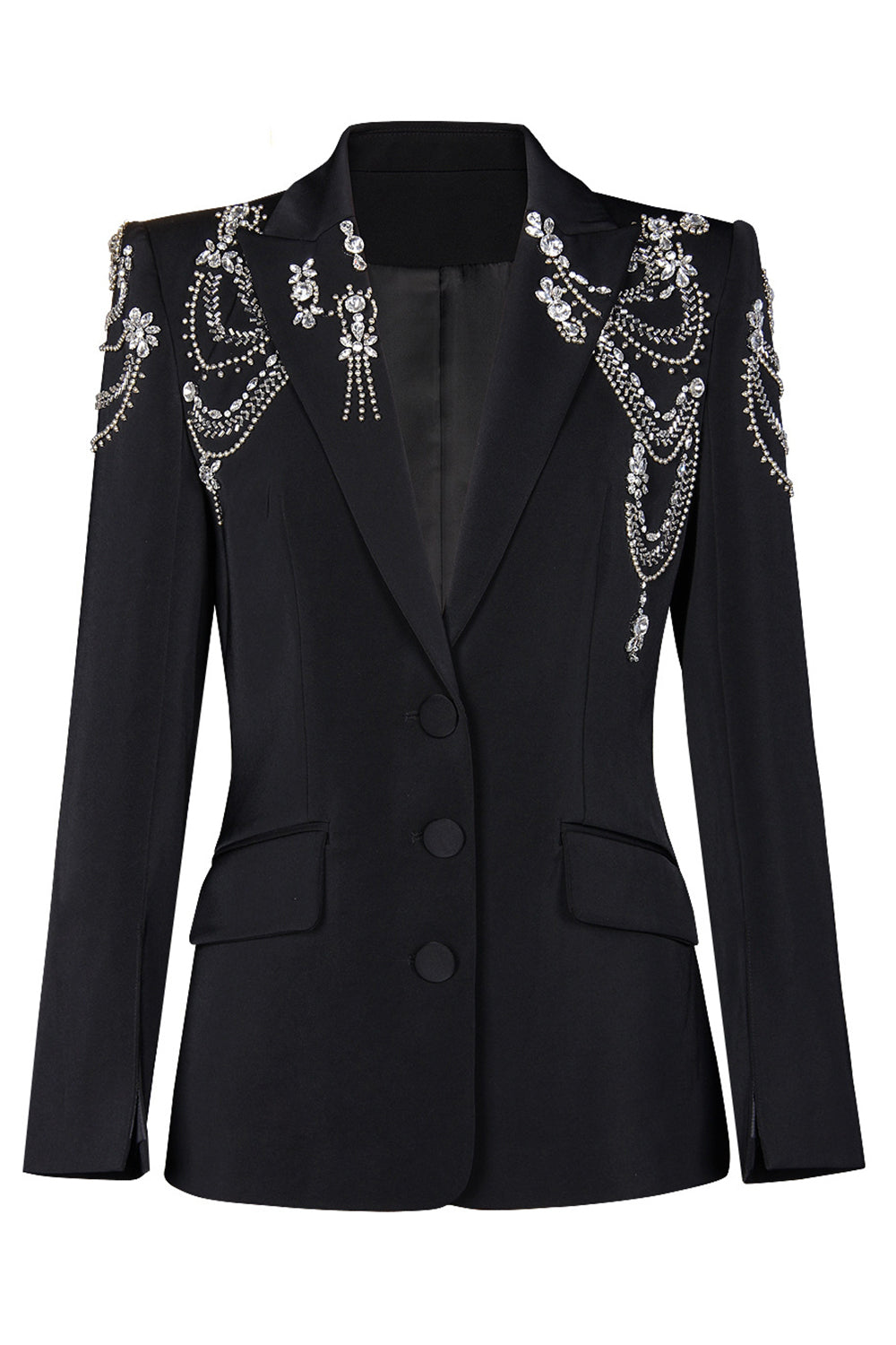 Sparkly Black Peak Lapel Single Breasted Women Prom Blazer with Rhinestones