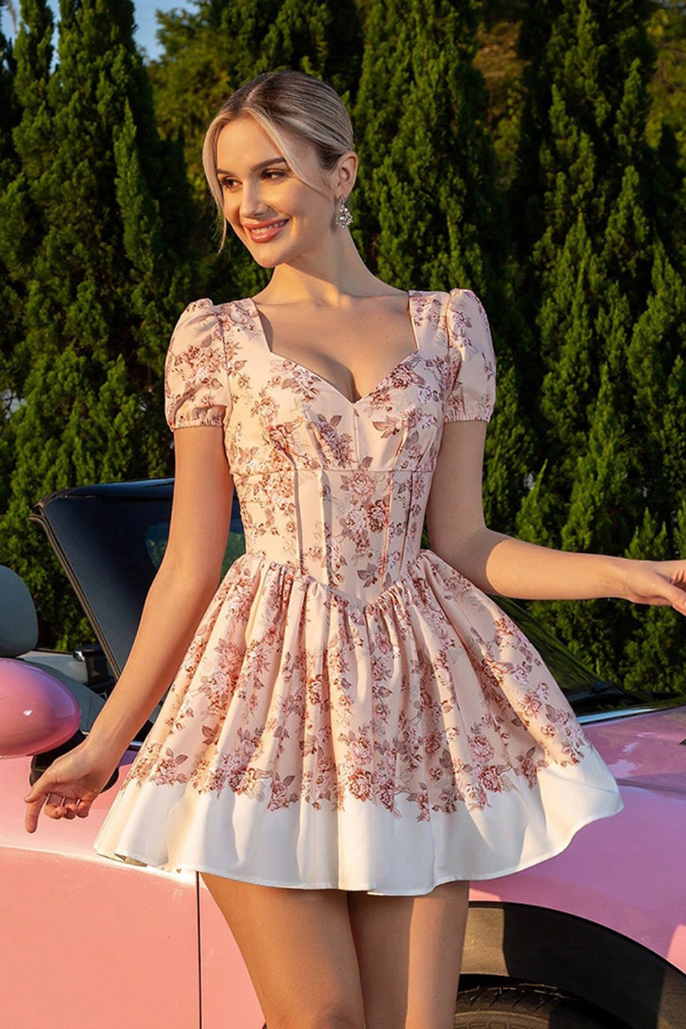 Blush Floral A Line Corset Homecoming Dress with Short Sleeves