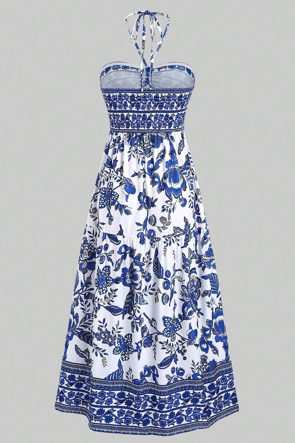 White Blue Floral Halter A Line Summer Dress