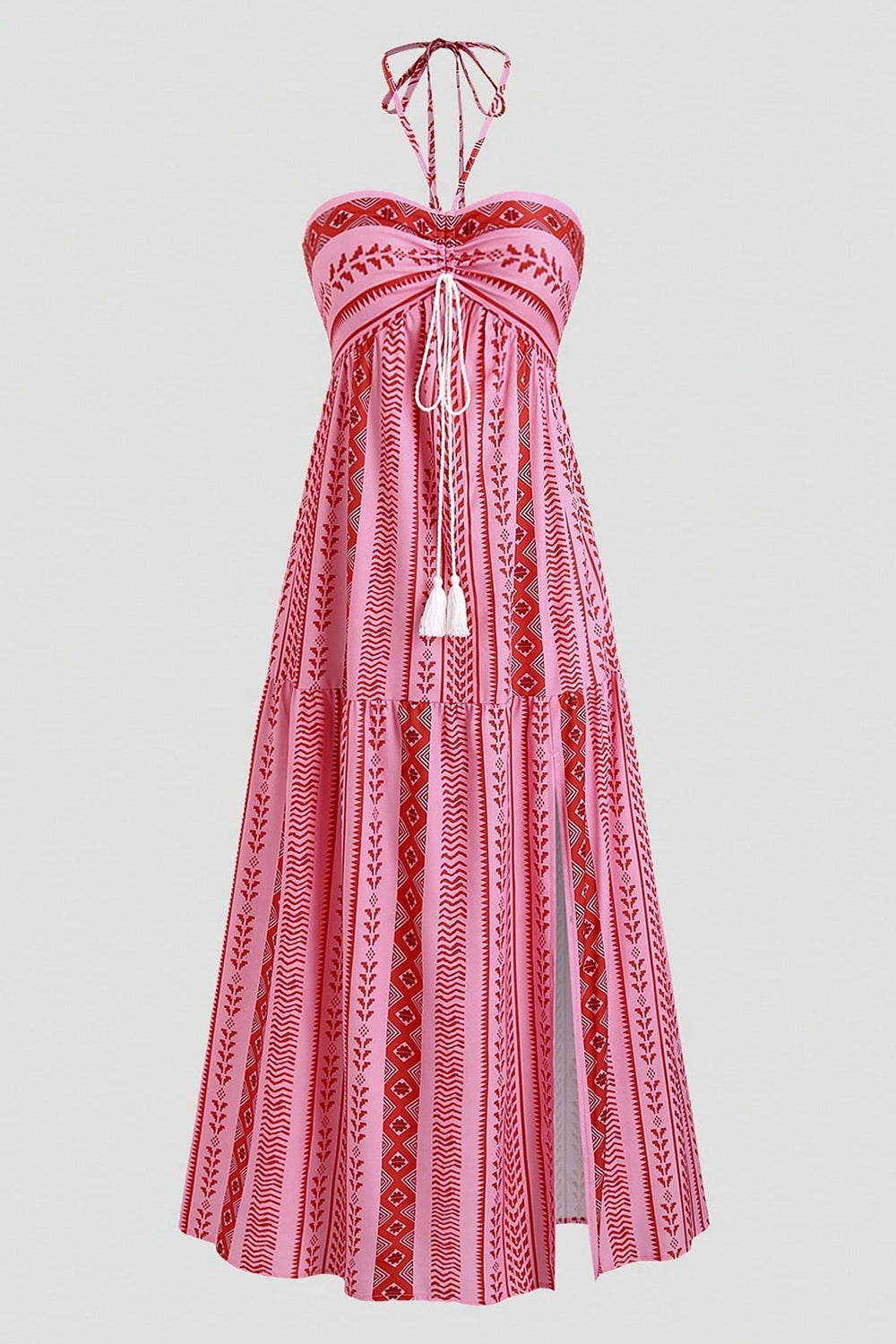 White Blue Floral Halter A Line Summer Dress