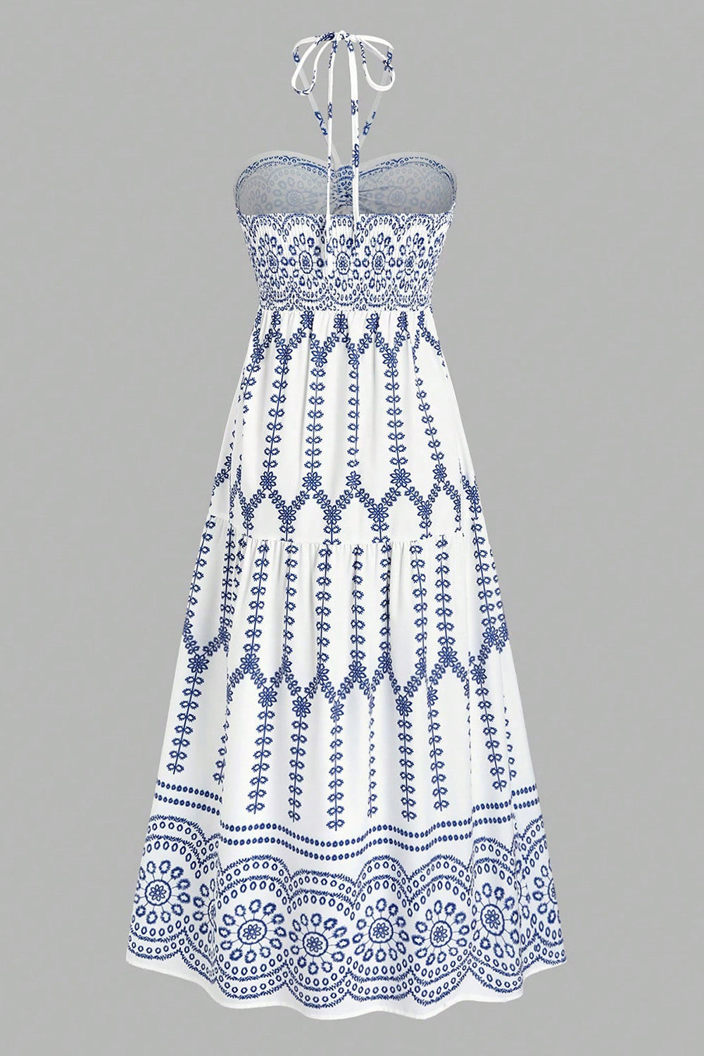 White Blue Floral Halter A Line Summer Dress