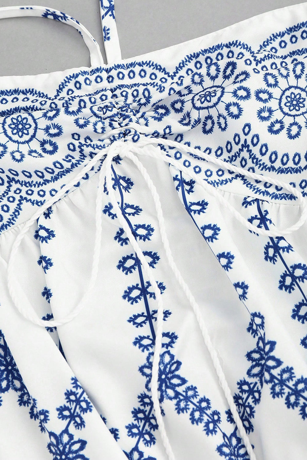 White Blue Floral Halter A Line Summer Dress