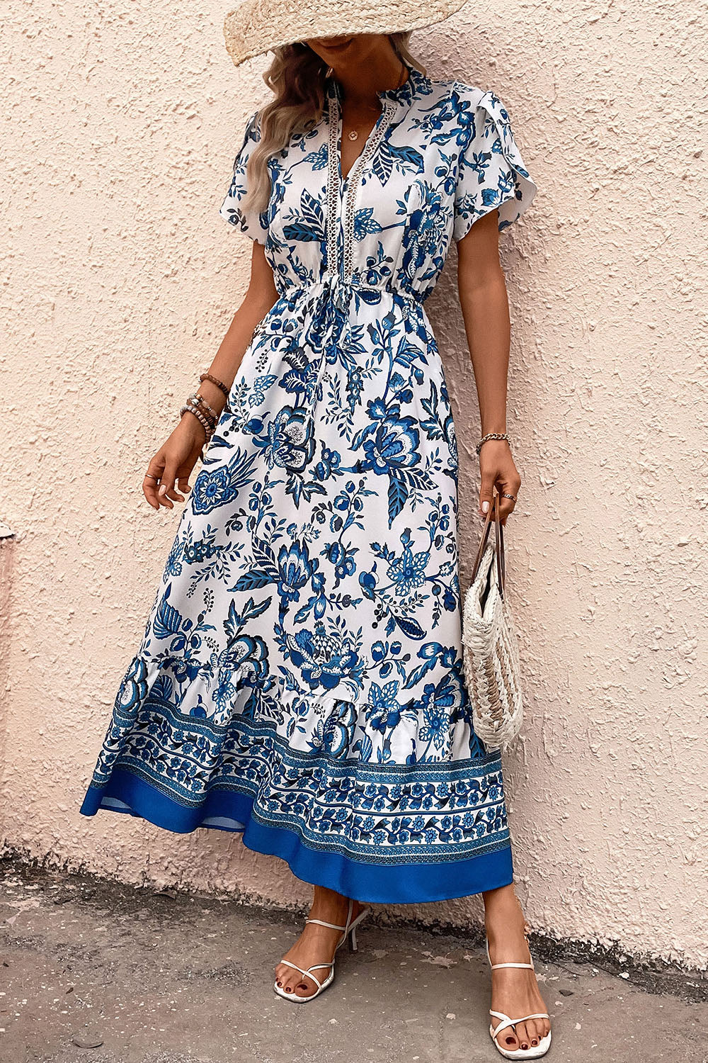 White and Blue Floral A Line Summer Dress with Short Sleeves