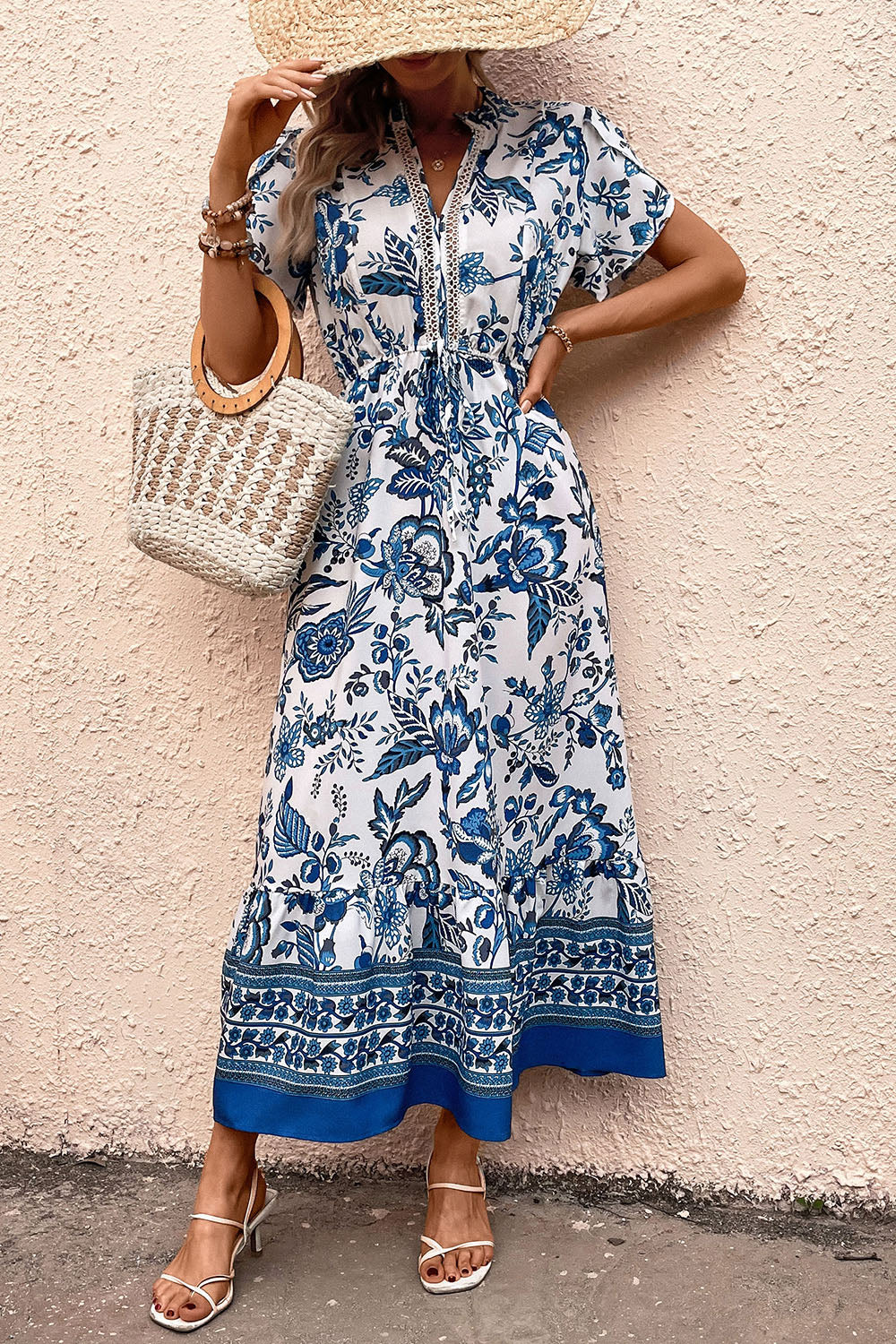 White and Blue Floral A Line Summer Dress with Short Sleeves