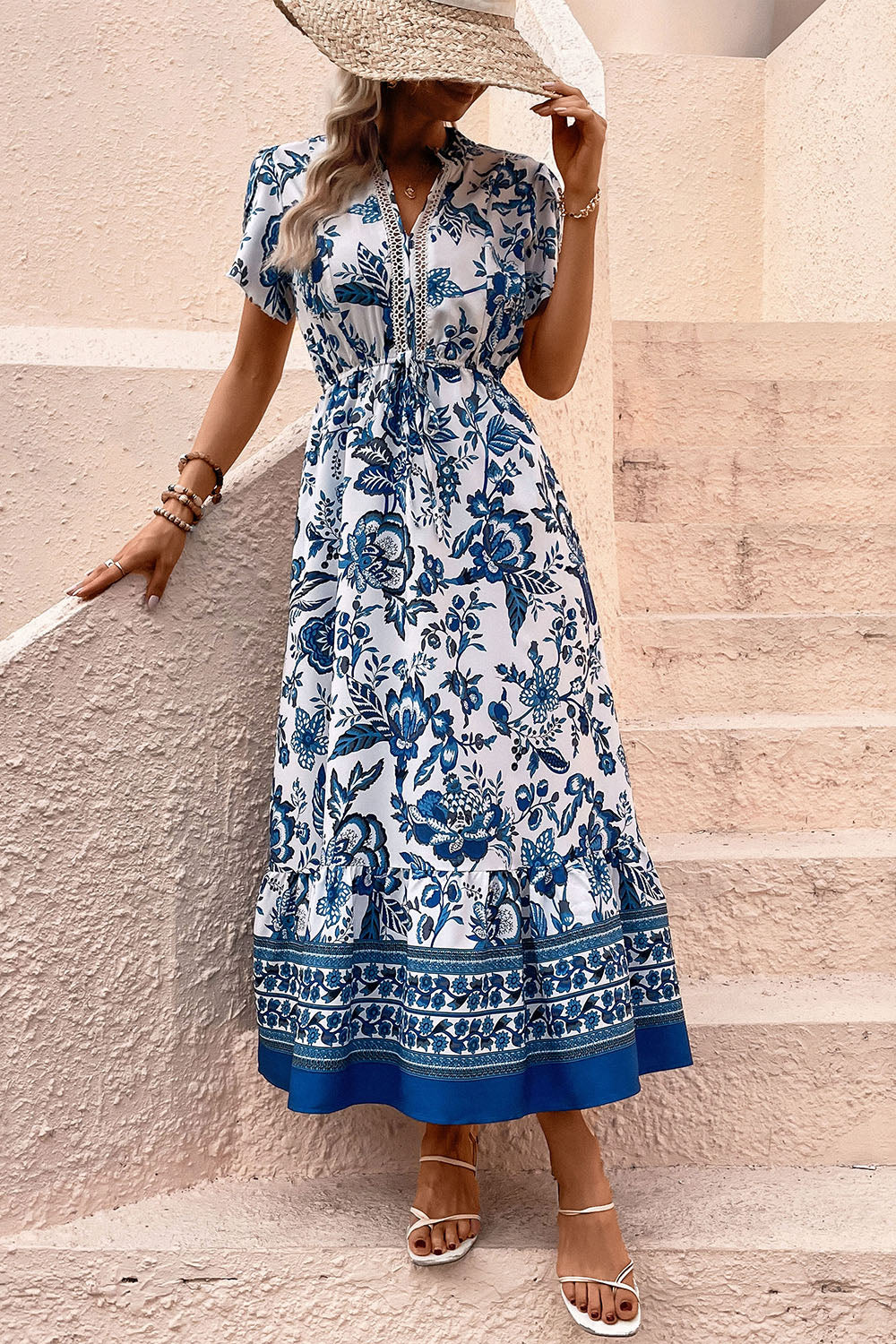 White and Blue Floral A Line Summer Dress with Short Sleeves