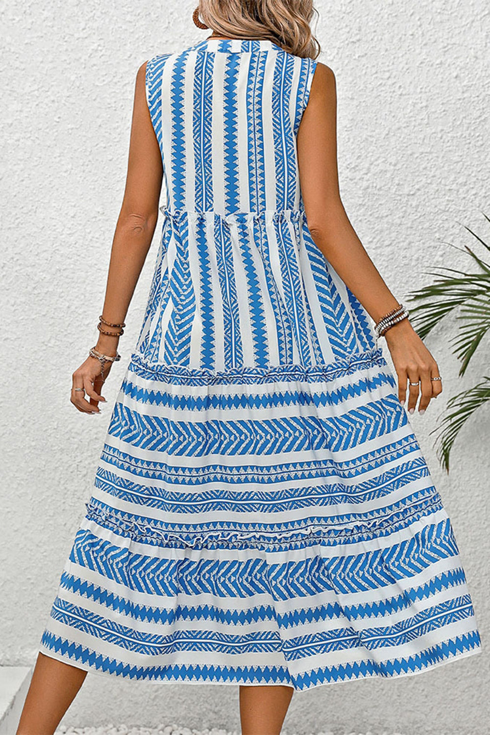 White and Blue Printed A Line Midi Summer Dress