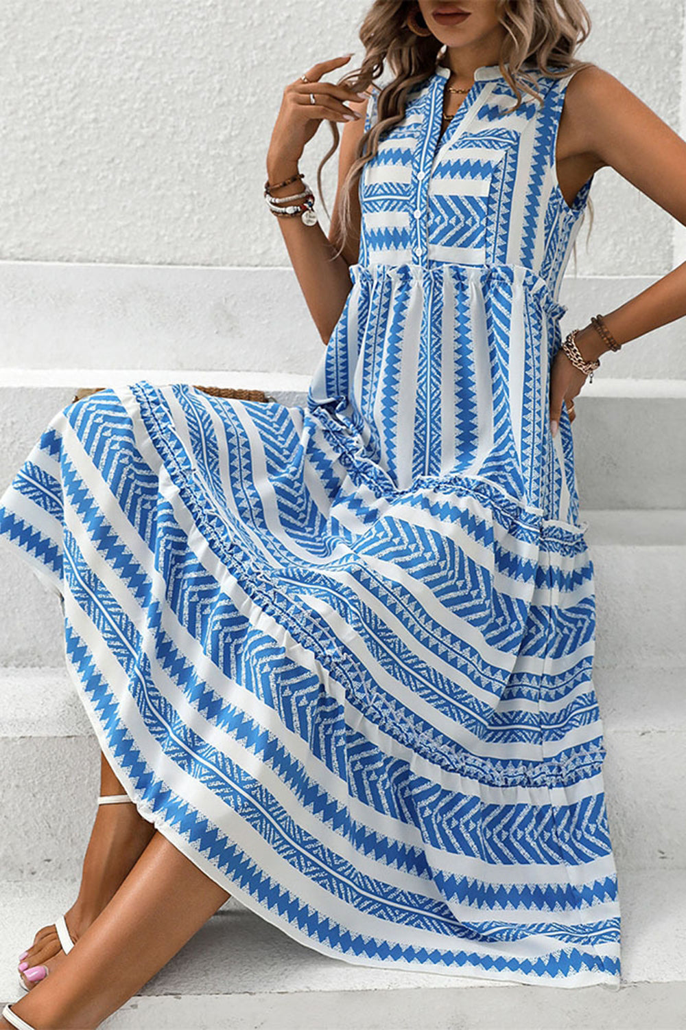 White and Blue Printed A Line Midi Summer Dress