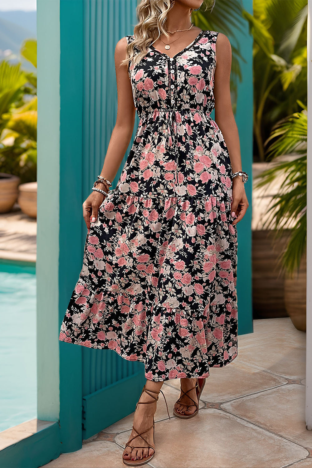 Apricot Printed V Neck A Line Summer Dress