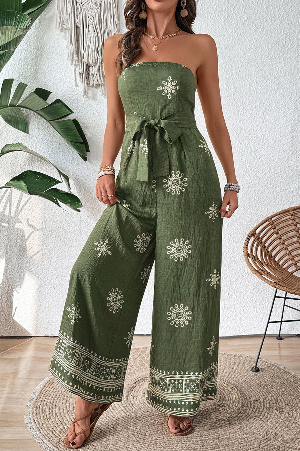 Army Green Strapless Printed Summer Jumpsuit With Sash