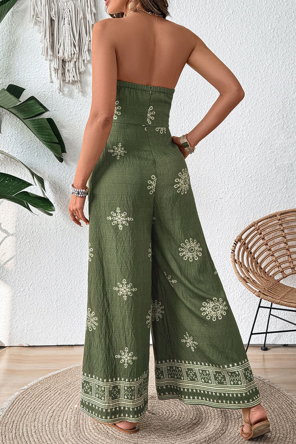 Army Green Strapless Printed Summer Jumpsuit With Sash