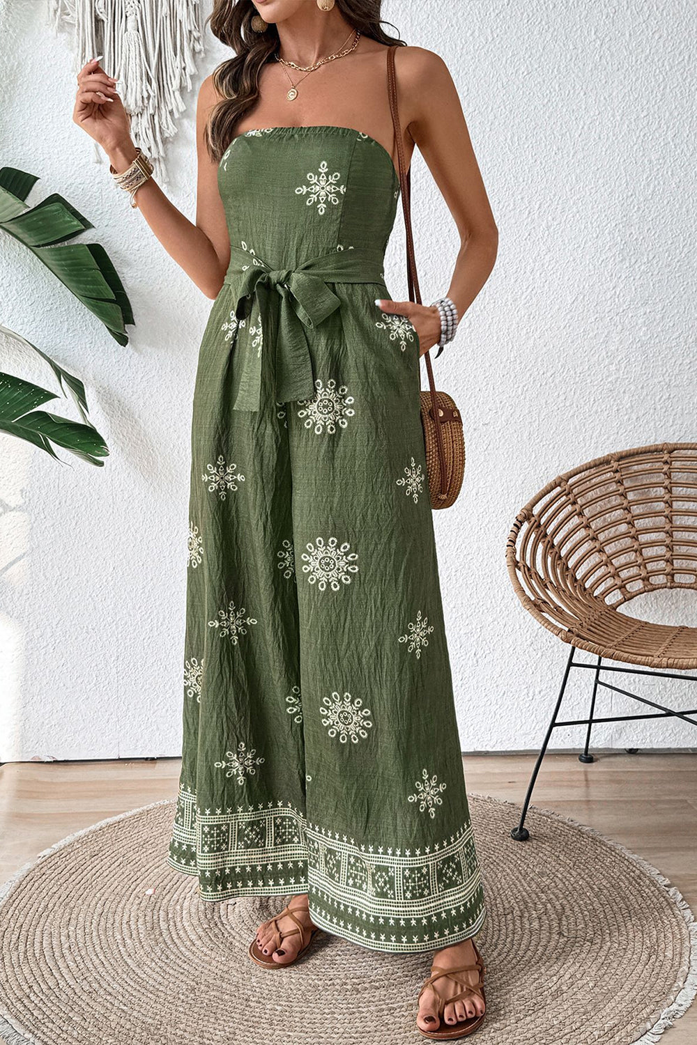 Army Green Strapless Printed Summer Jumpsuit With Sash