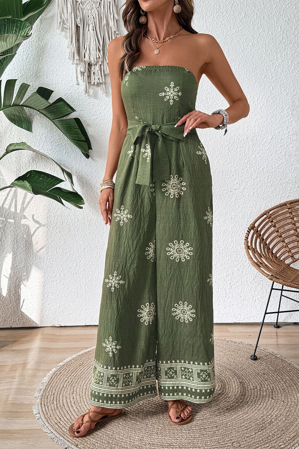 Army Green Strapless Printed Summer Jumpsuit With Sash