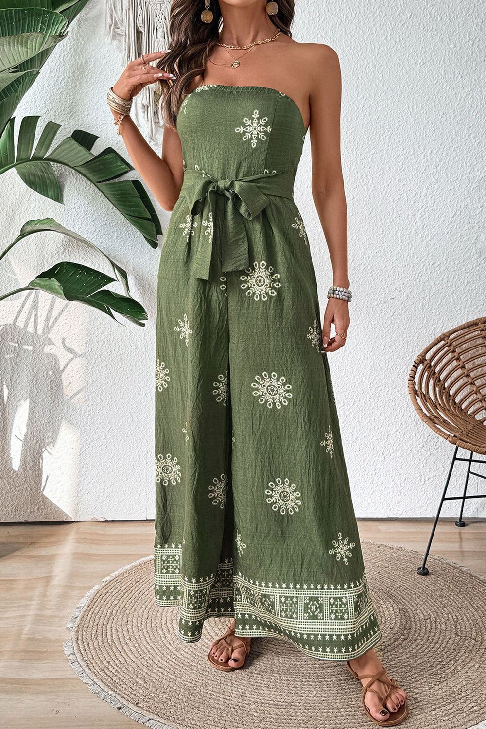 Army Green Strapless Printed Summer Jumpsuit With Sash