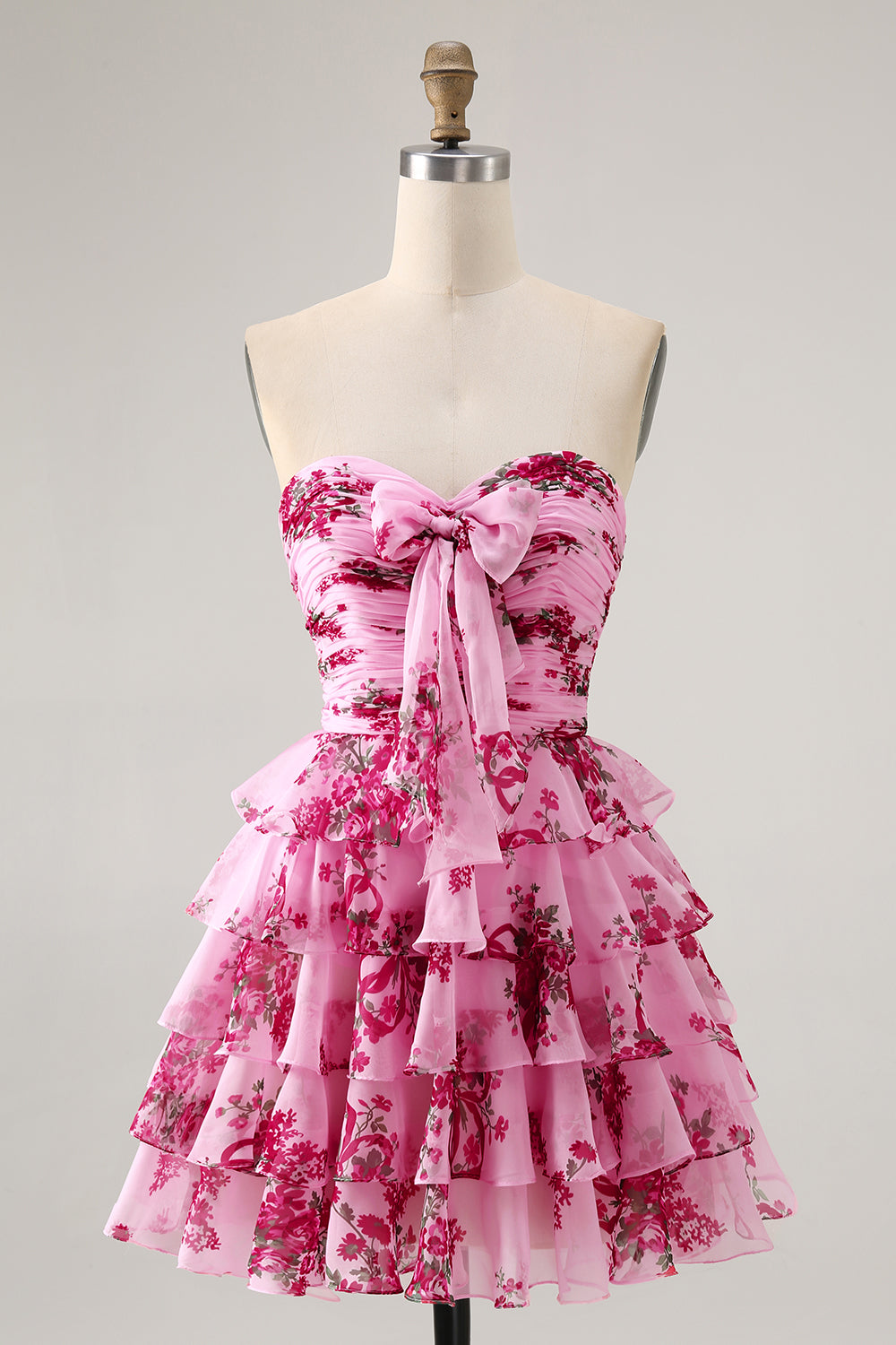 Pink Flower A-line Strapless Tiered Short Homecoming Dress with Bow