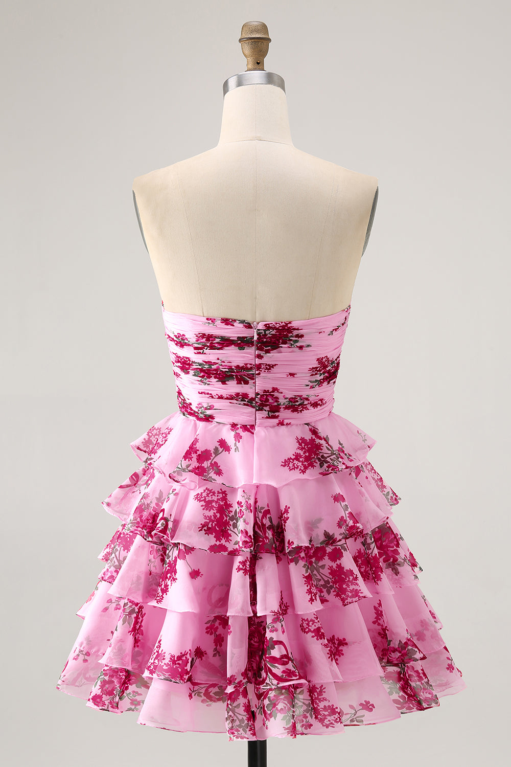 Pink Flower A-line Strapless Tiered Short Homecoming Dress with Bow