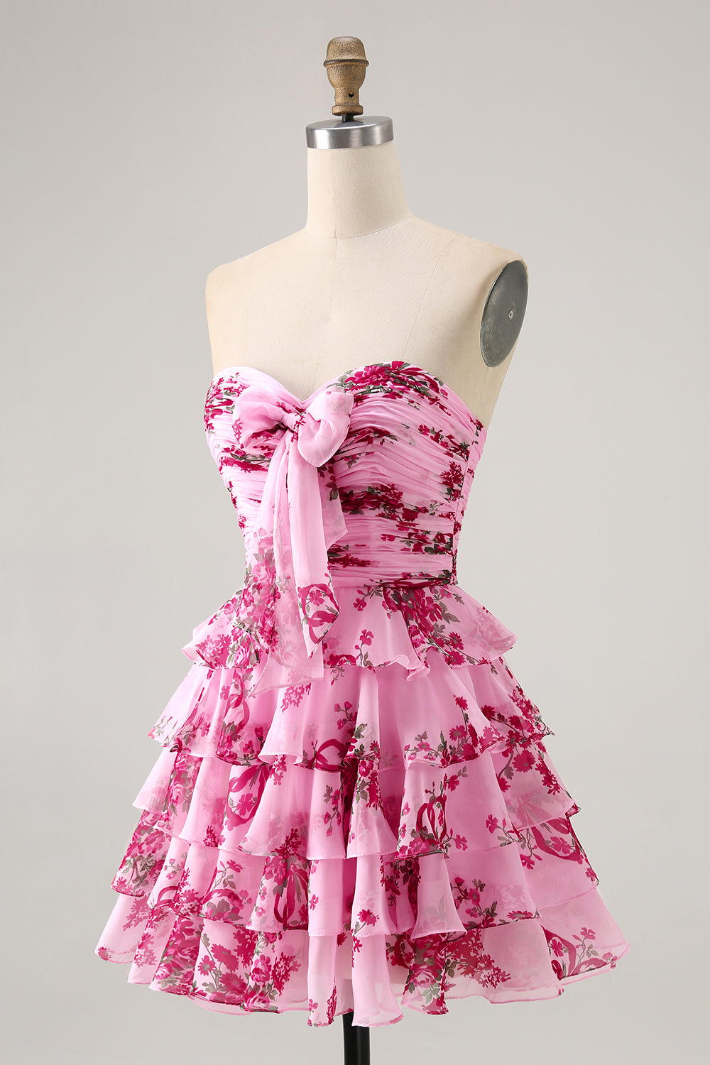 Pink Flower A-line Strapless Tiered Short Homecoming Dress with Bow