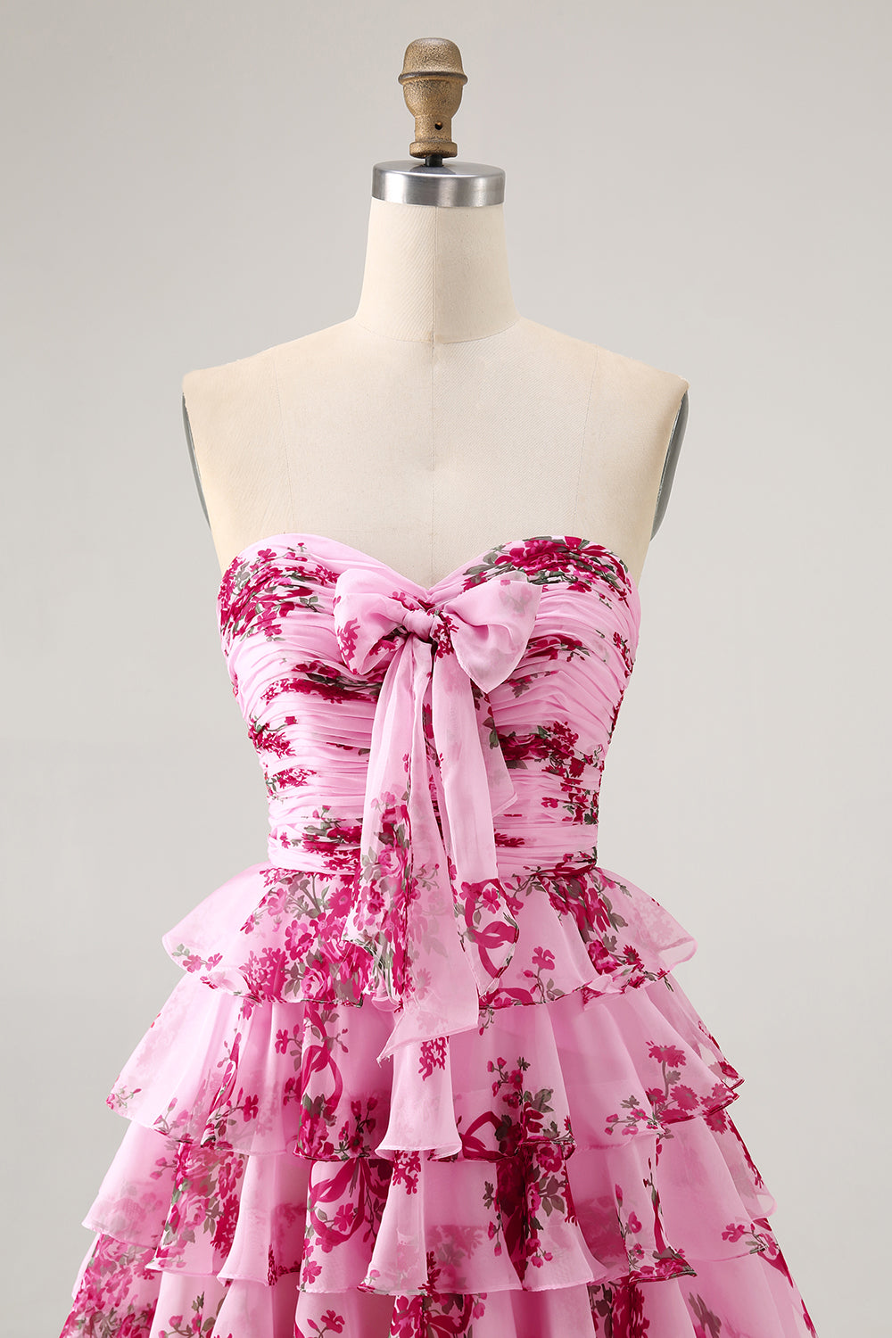 Pink Flower A-line Strapless Tiered Short Homecoming Dress with Bow