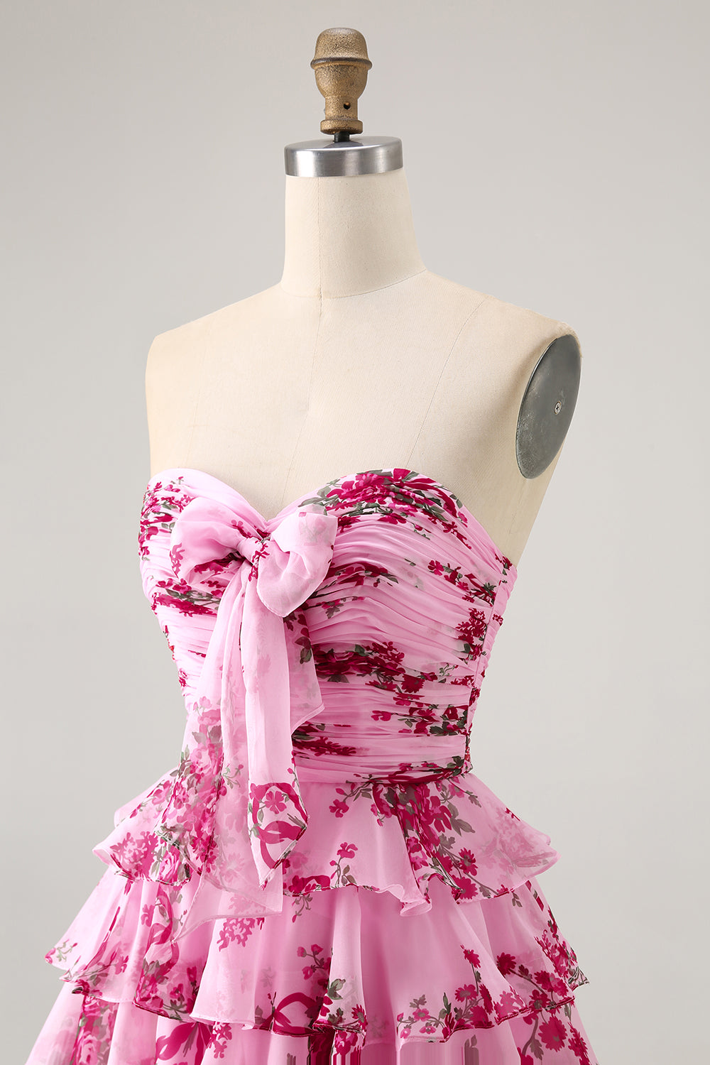 Pink Flower A-line Strapless Tiered Short Homecoming Dress with Bow