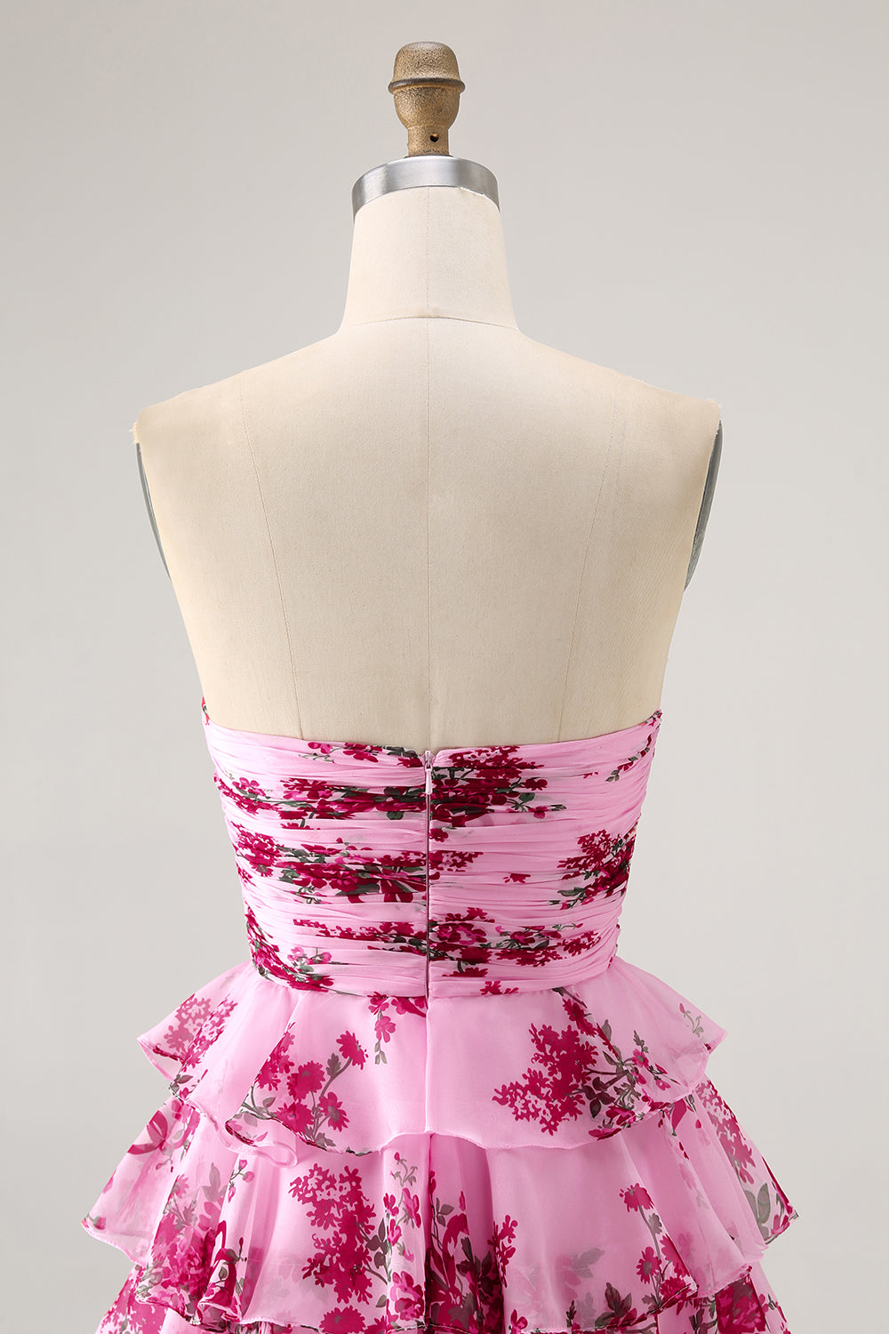 Pink Flower A-line Strapless Tiered Short Homecoming Dress with Bow