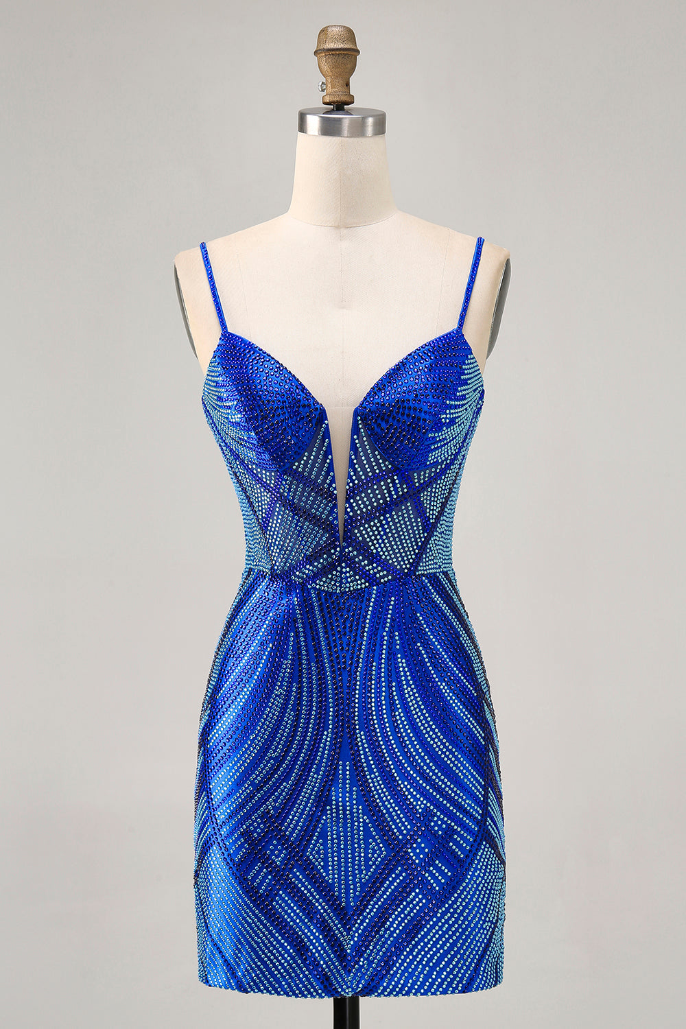 Sparkly Royal Blue Spaghetti Straps Tight Short Homecoming Dress with Beading