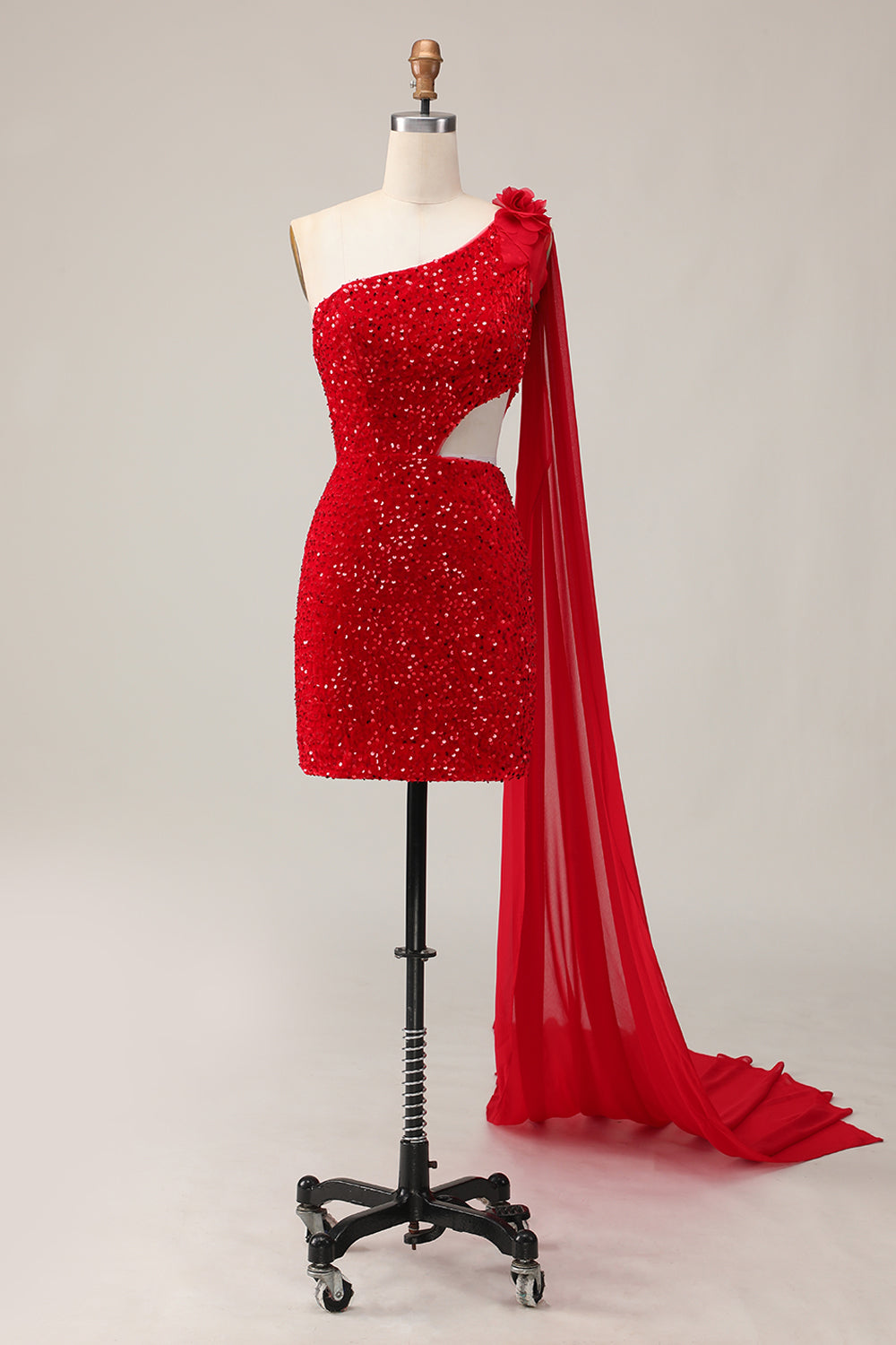Sparkly Sequins One Shoulder Cut Out Tight Short Red Homecoming Dress with Streamer